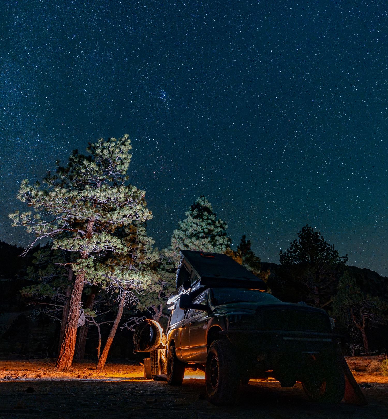 Illuminated camping vehicle under starry night sky with pine trees in silhouette.