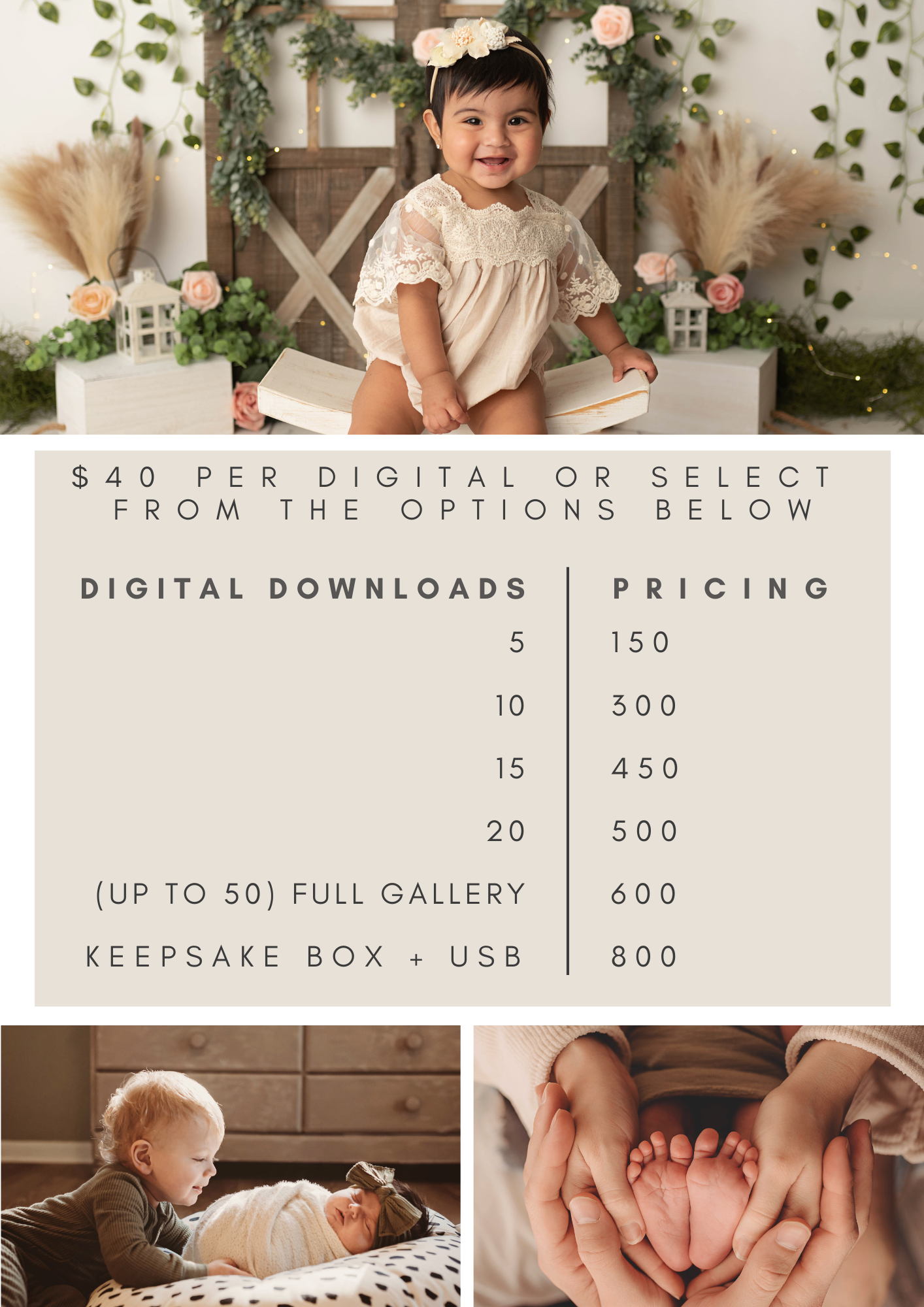 Photography studio pricing guide showing digital download packages from $150 for 5 images to $800 for keepsake box with USB.