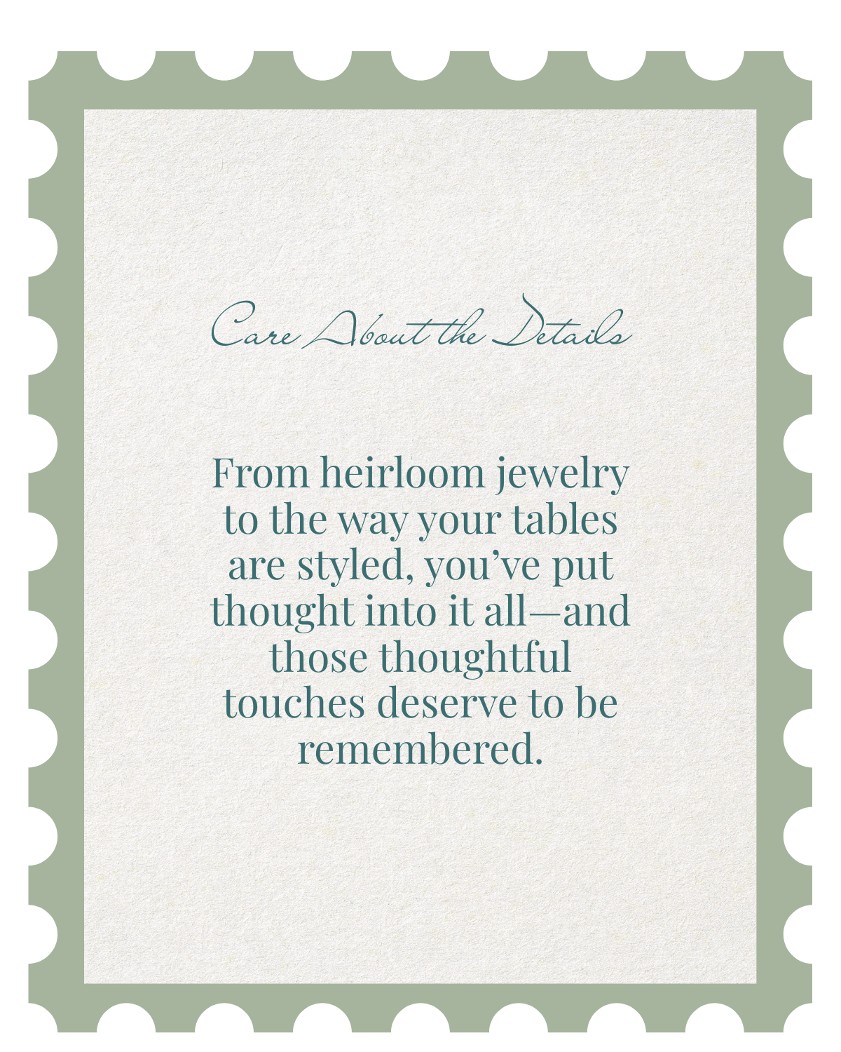 Decorative text overlays about heirloom jewelry and table settings displayed in elegant teal and white design elements.
