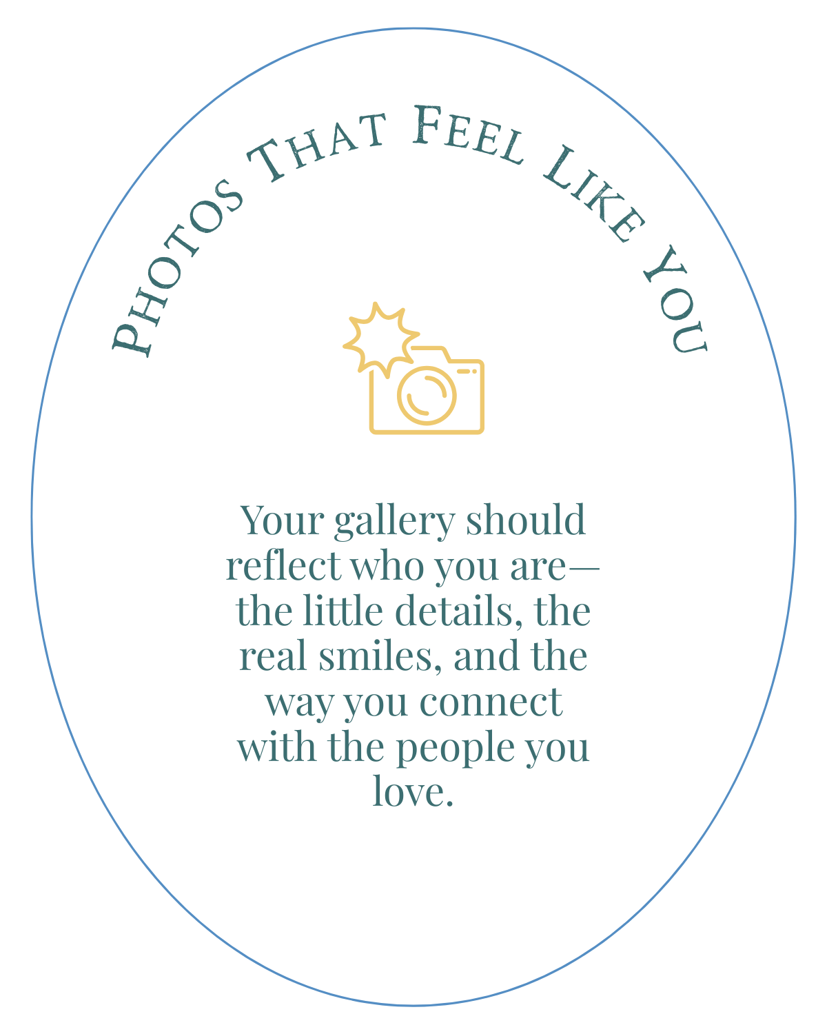 Artistic circular layout with text about personal galleries and authentic connections displayed in blue rings.