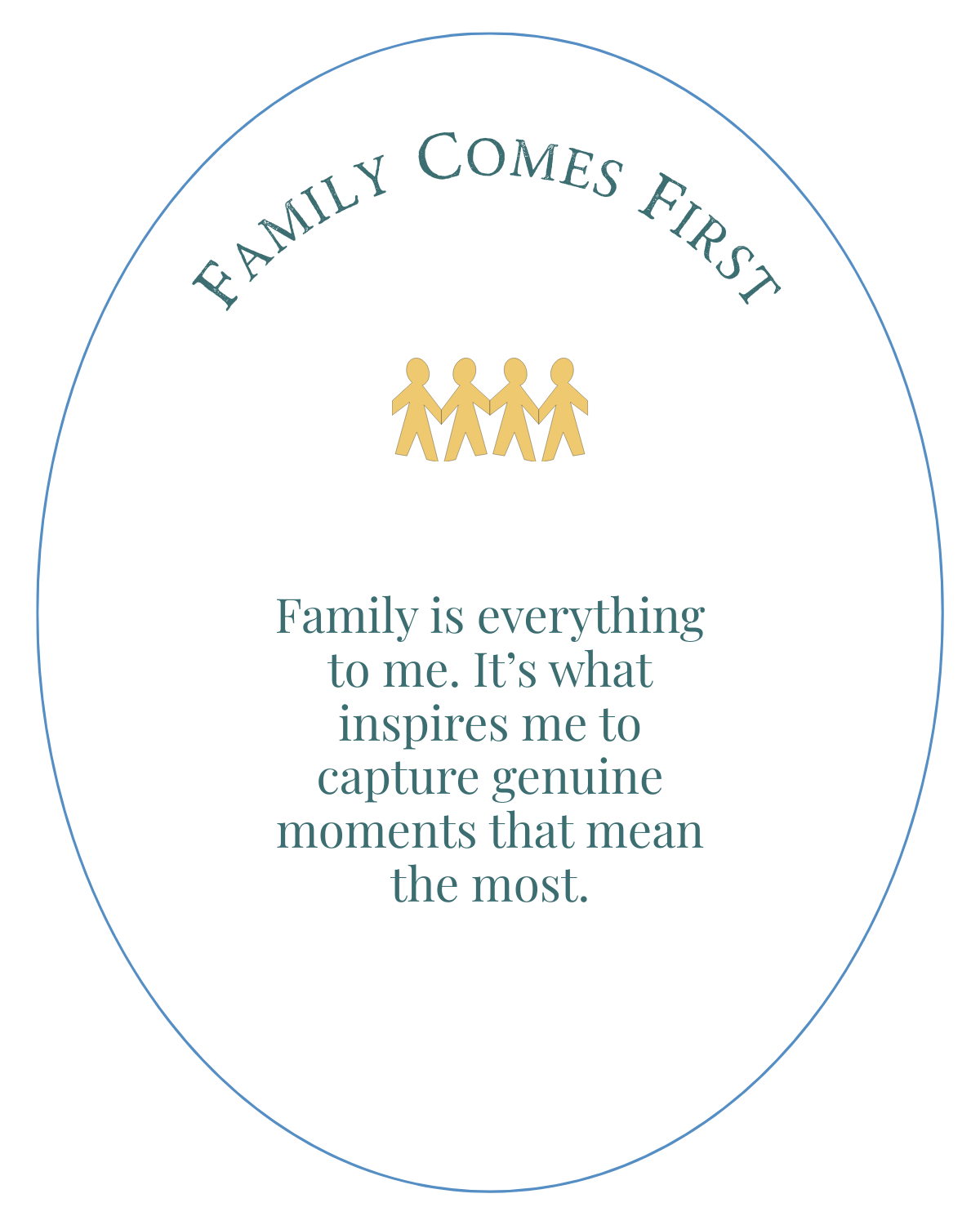 Circular text design with interconnected rings containing motivational messages about family and capturing genuine moments.
