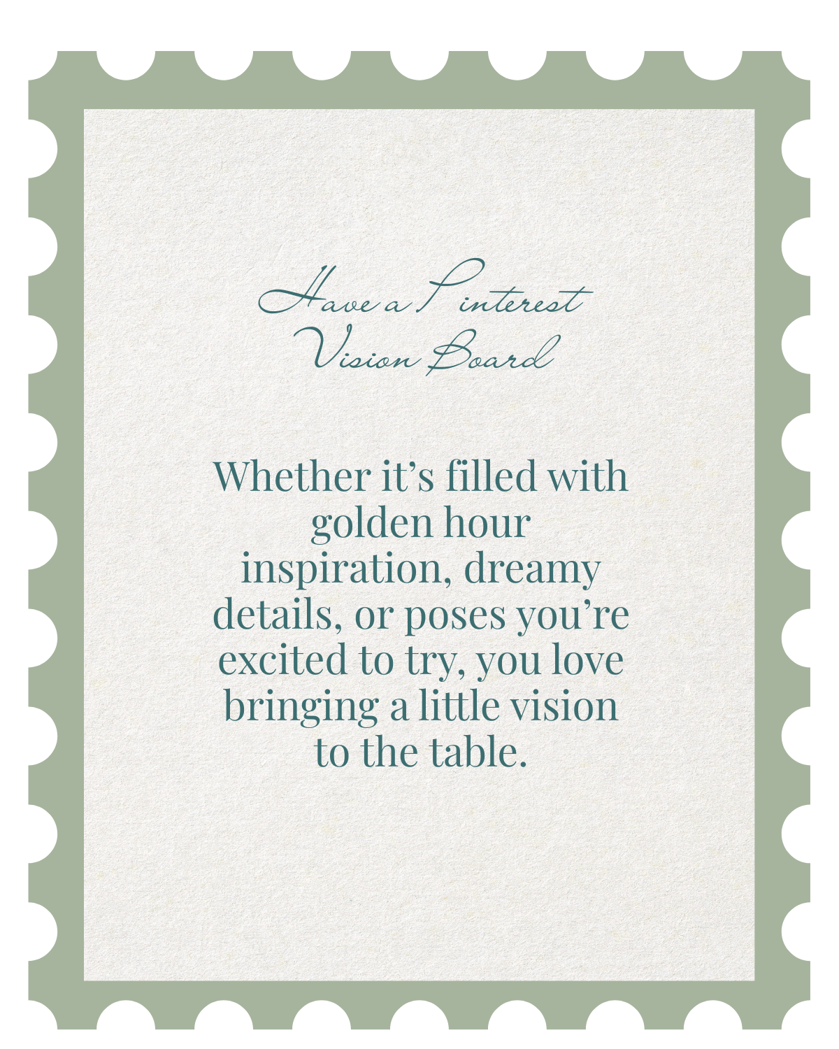 An elegant presentation of white text on sage green postage stamps showcases wedding planning inspirational messages.