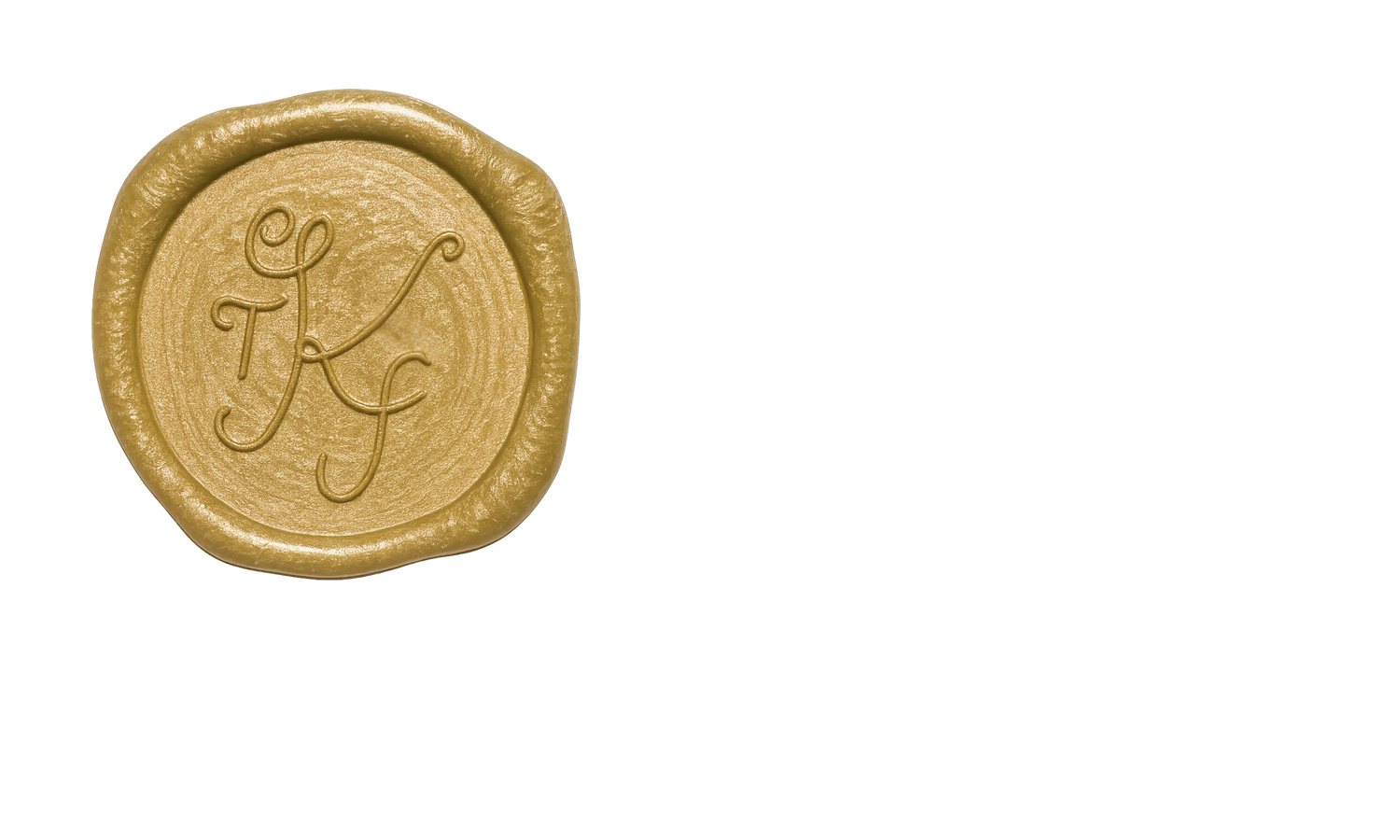 Four gold wax seals with embossed designs arranged in a horizontal line on a white background.