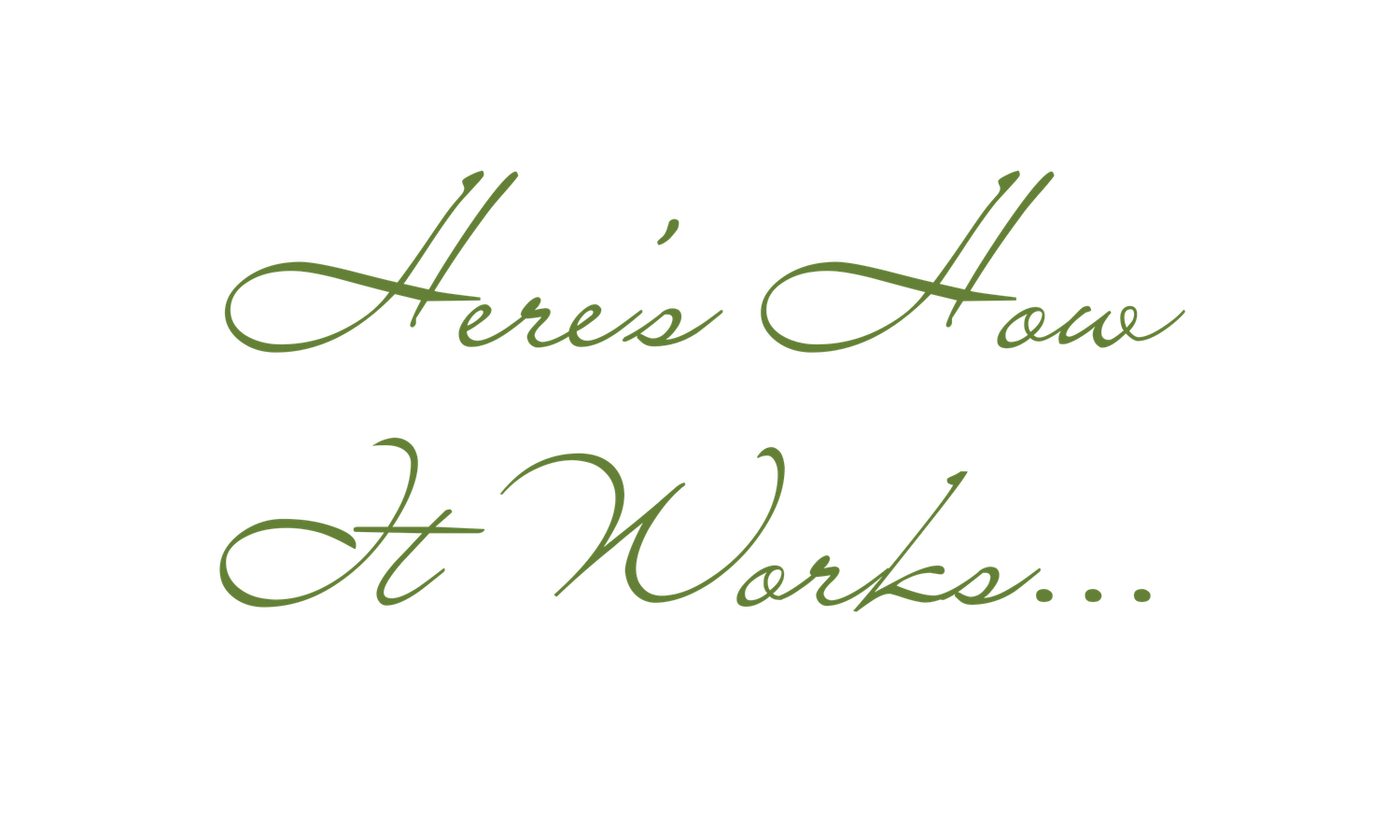 Elegant green cursive text reading 'Here's How It Works' in a decorative script font against a white background.