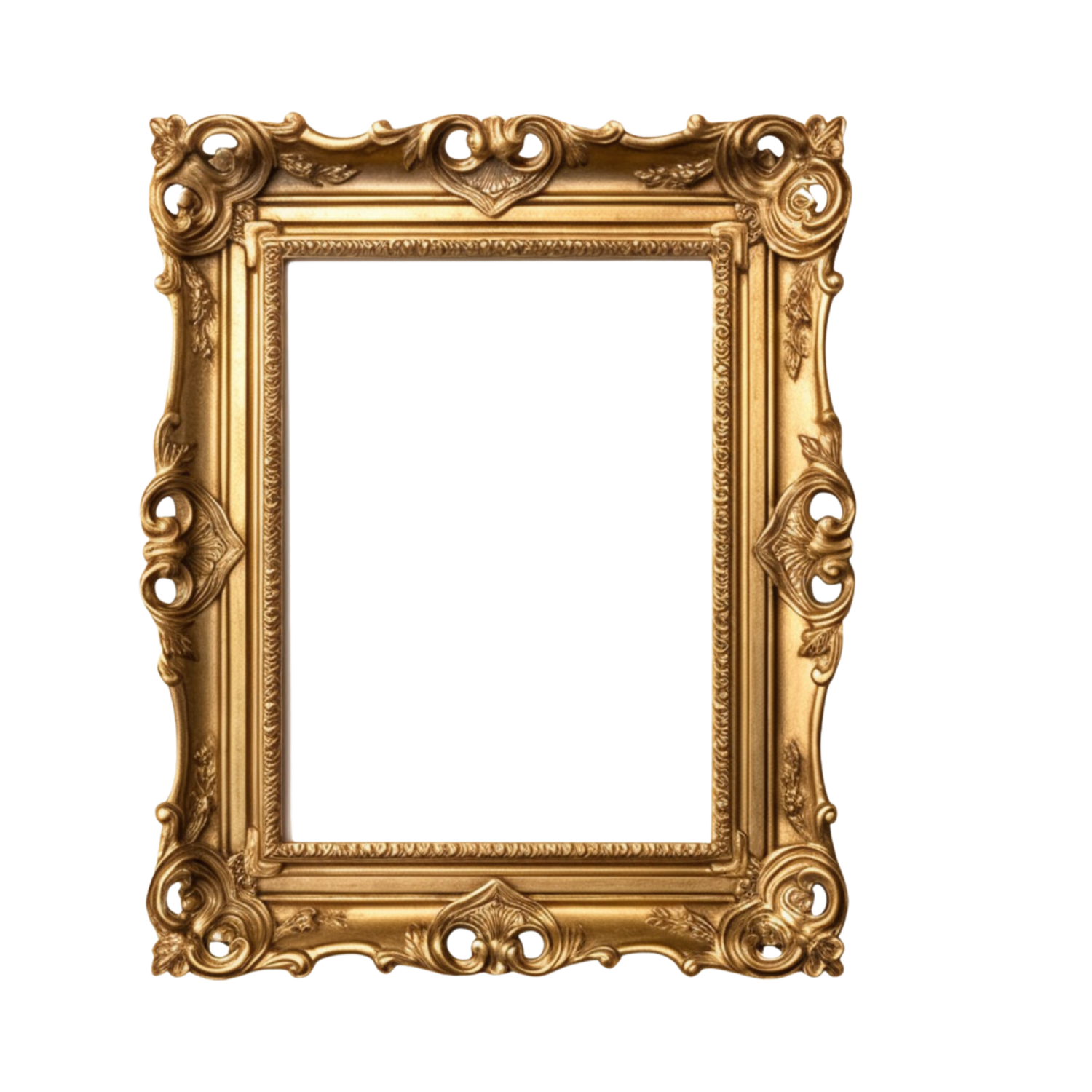 Three ornate vintage gold baroque picture frames with decorative floral and scroll designs isolated on white background.