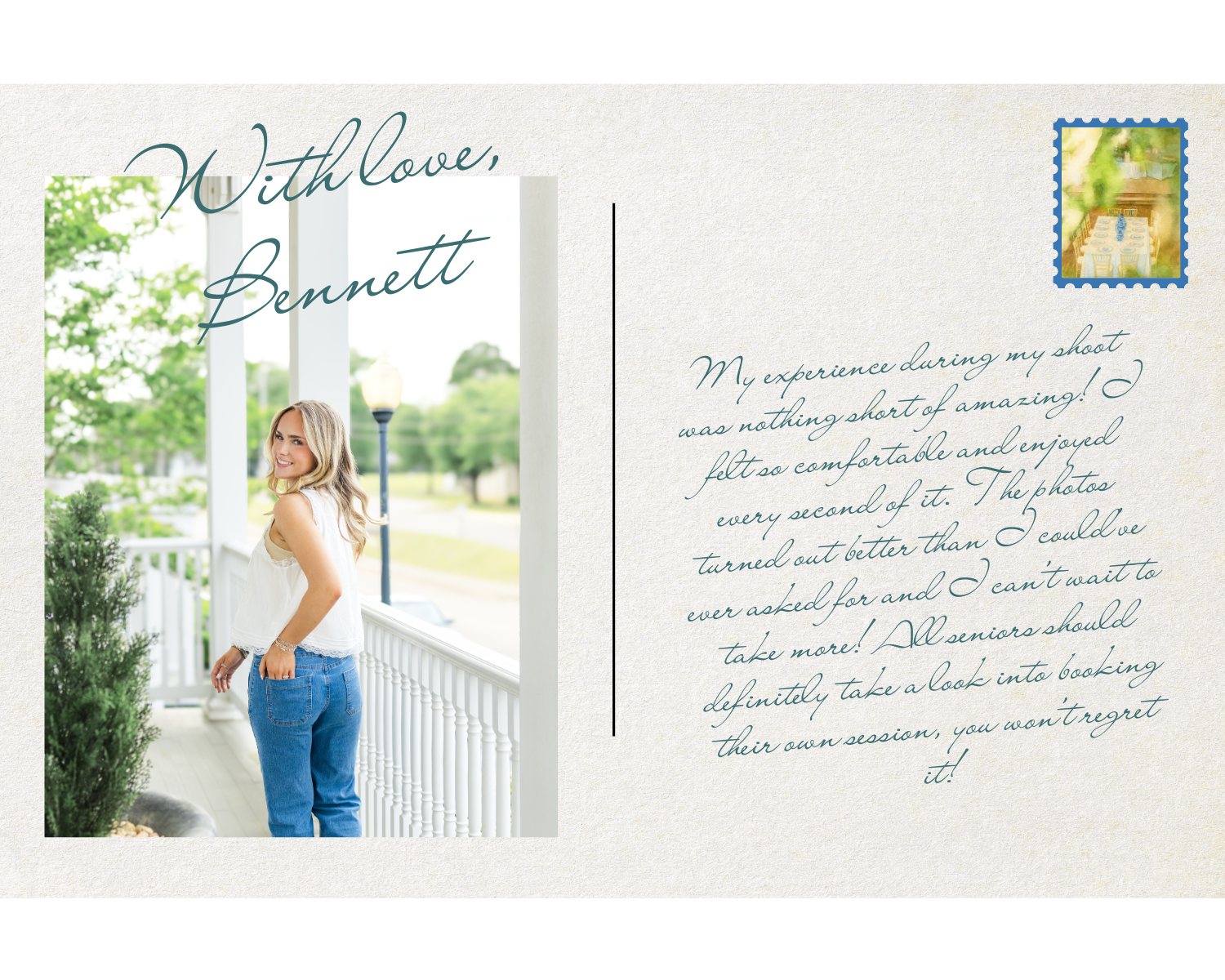 Elegant handwritten script and cursive text on a white page with decorative blue and green flowers.