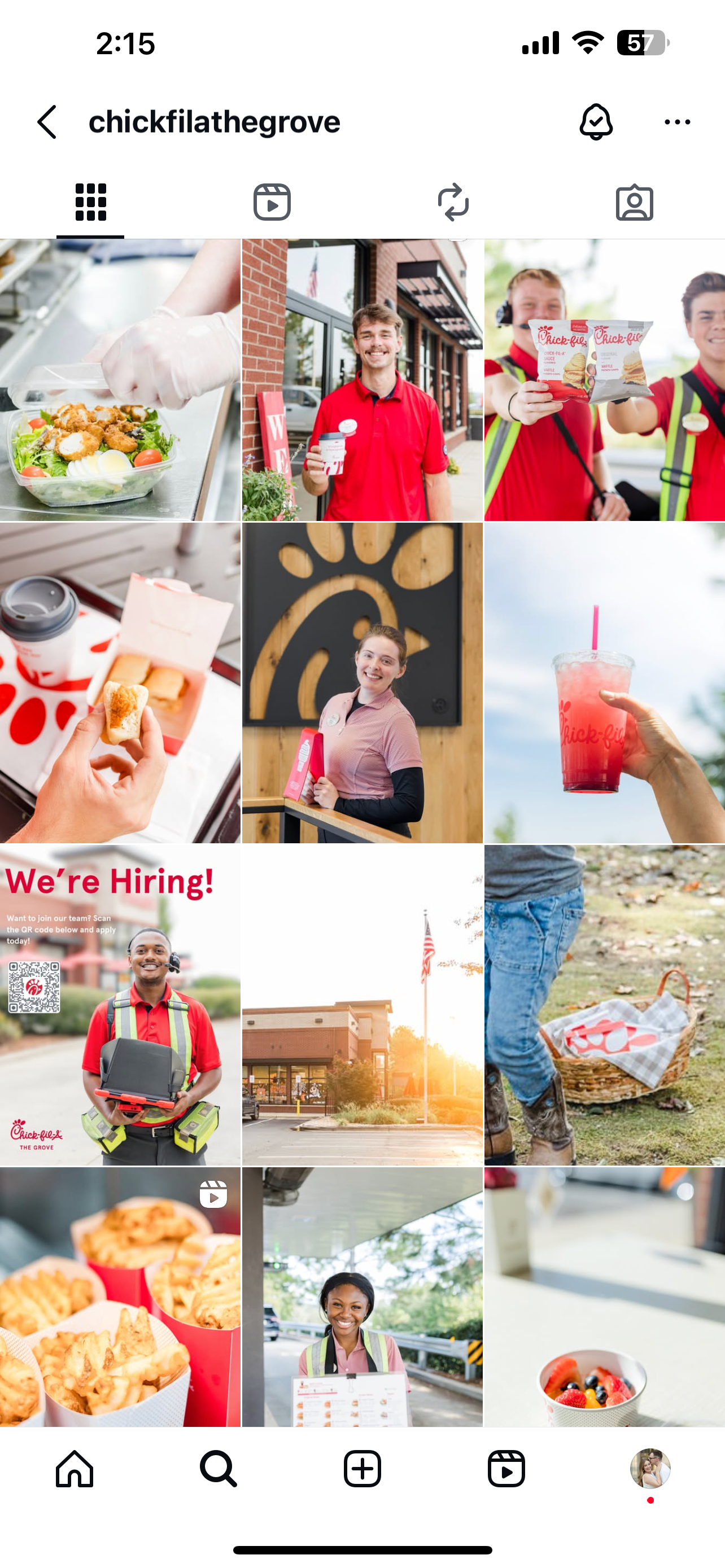 Instagram profile grid showing food photos, restaurant scenes, and promotional content for Chick-fil-A.