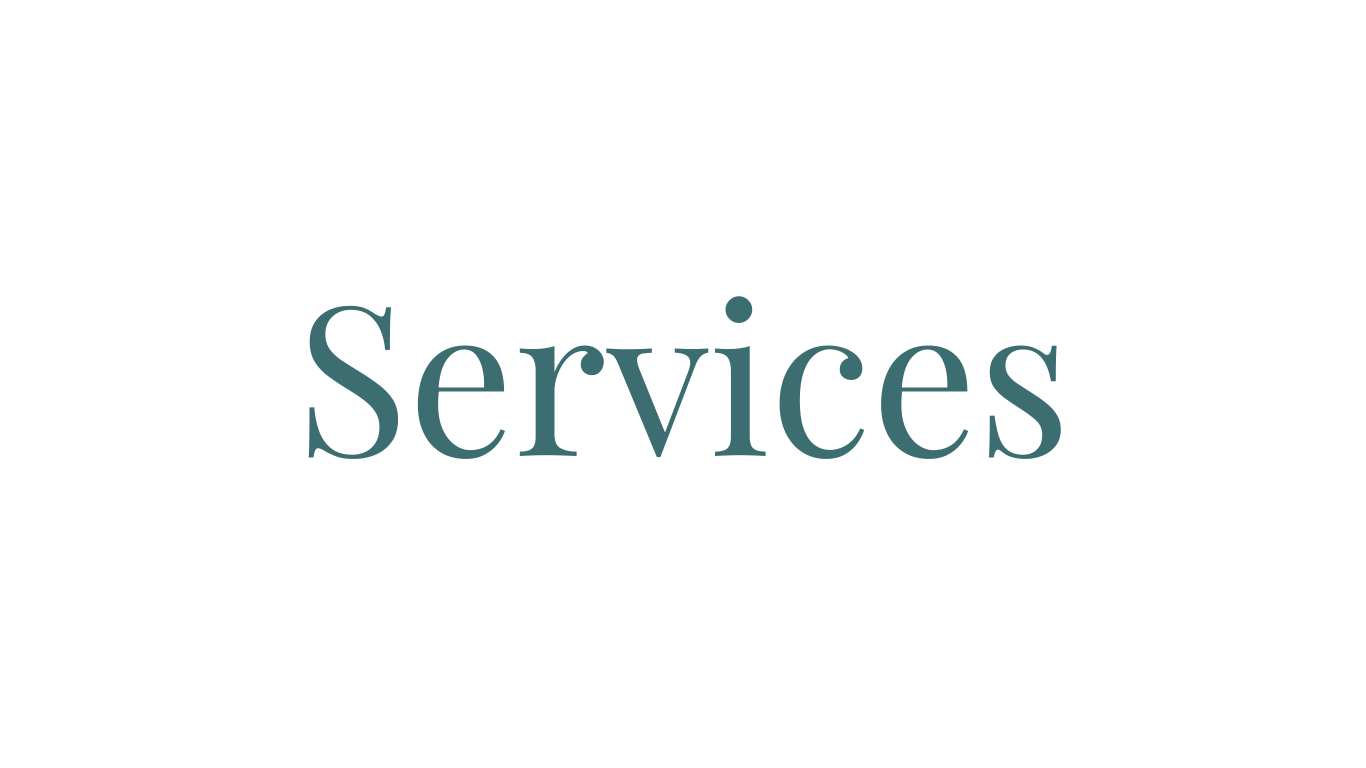 Close up decorative header showing the word 'Services' in teal text on a white background.
