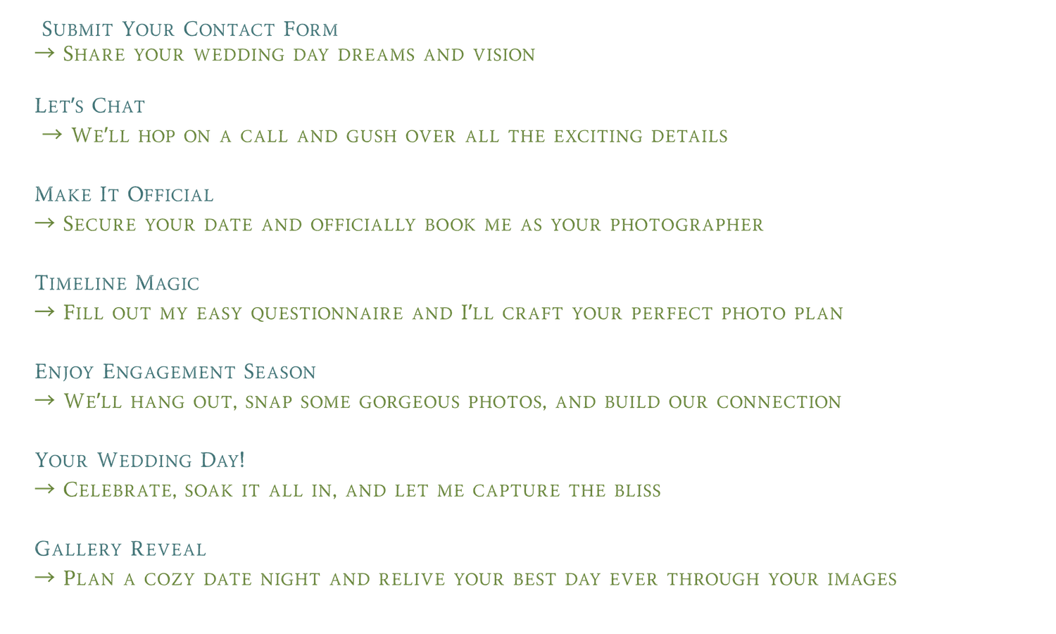 A minimalist wedding photography website layout with white text on a dark background displaying service information.