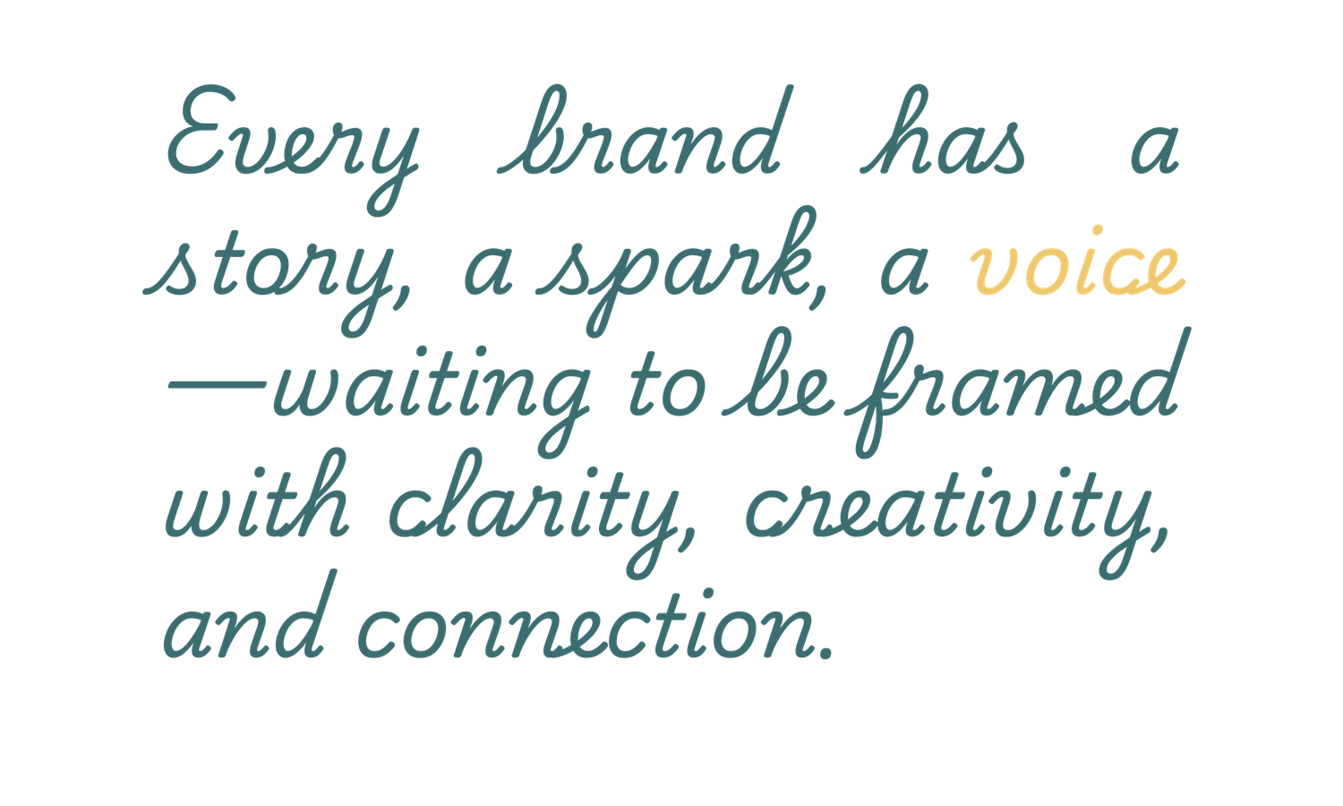 Handwritten text in black ink reads about brands having a story, spark, and voice waiting to be framed with clarity.