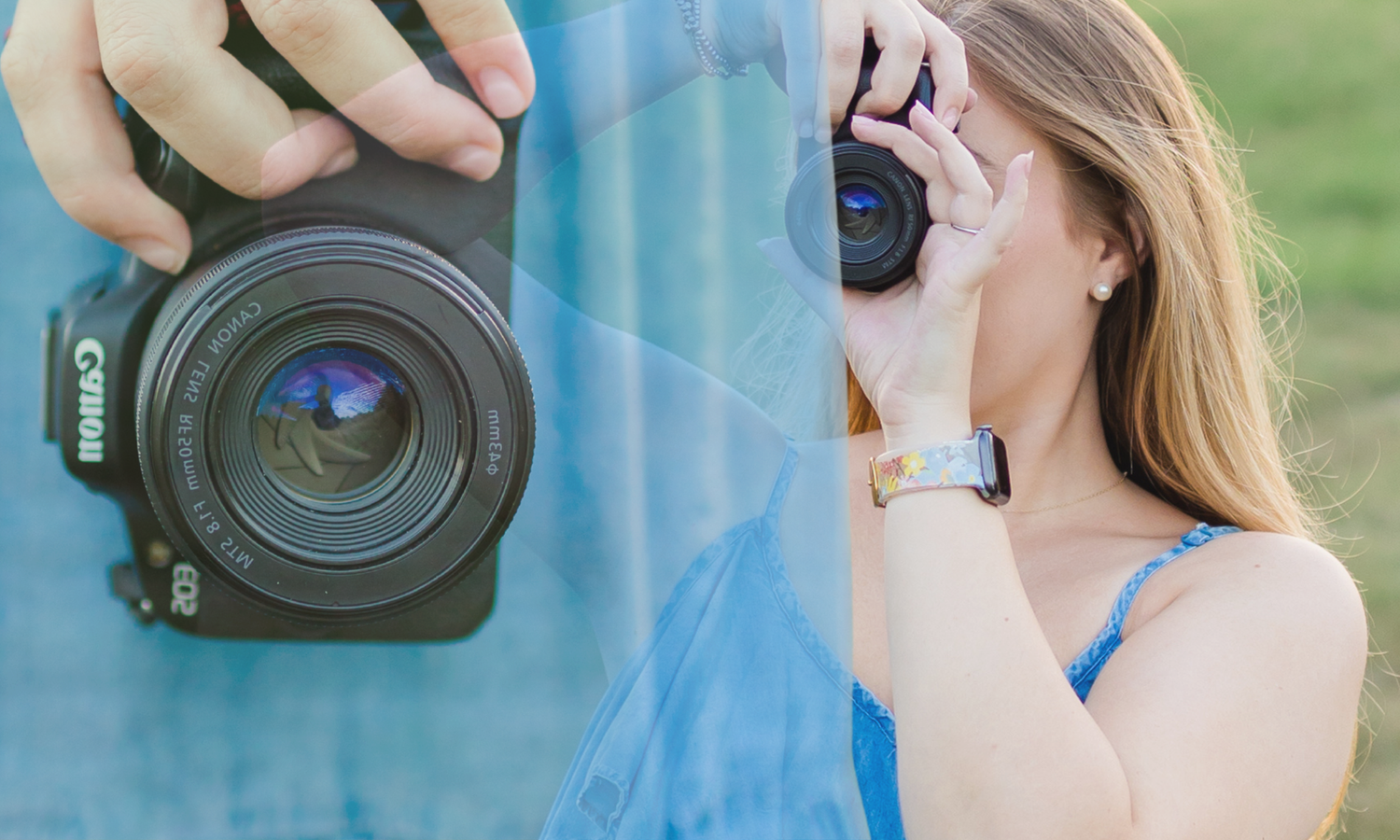 A series of close-up shots showing a photographer using a professional camera with a zoom lens outdoors.