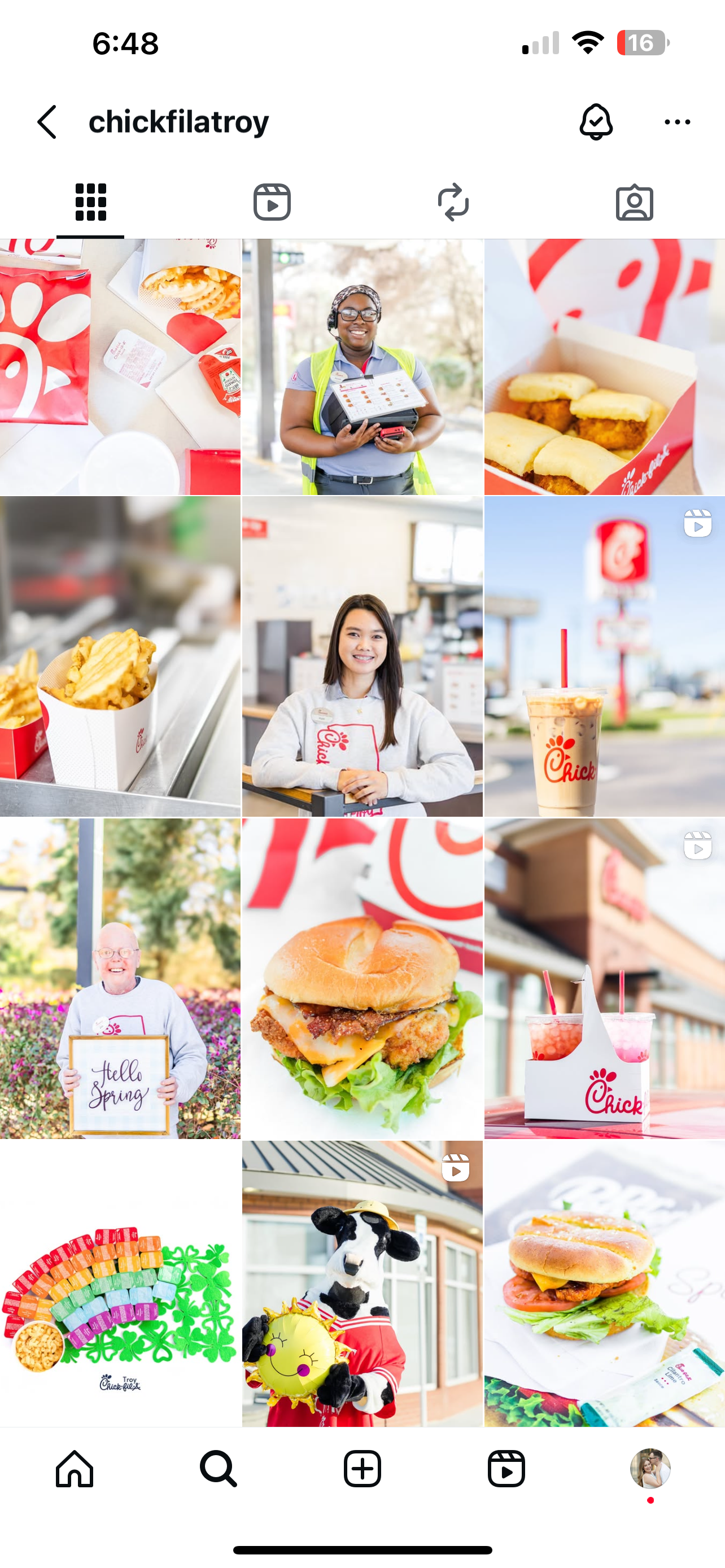 Instagram grid view showing Chick-fil-A restaurant photos with burgers, food items and branding elements.