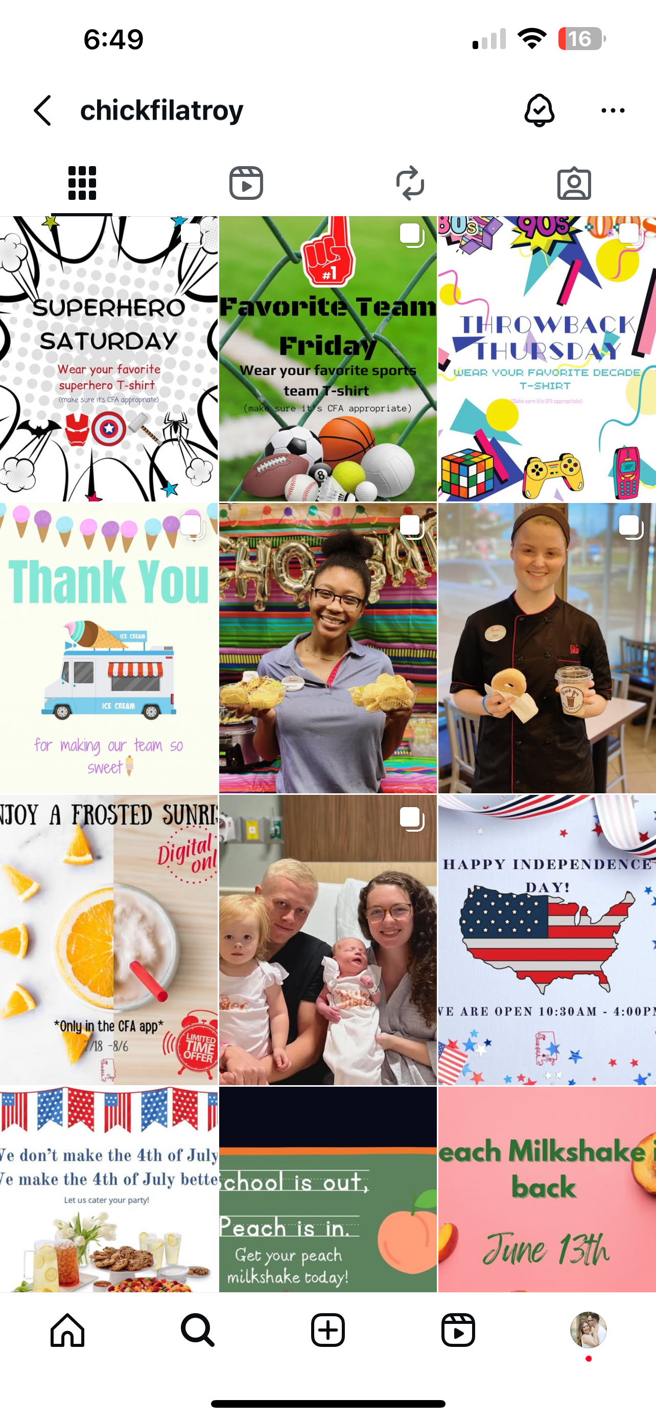 Instagram grid showing various social media posts with colorful graphics for events, food items and holiday celebrations.