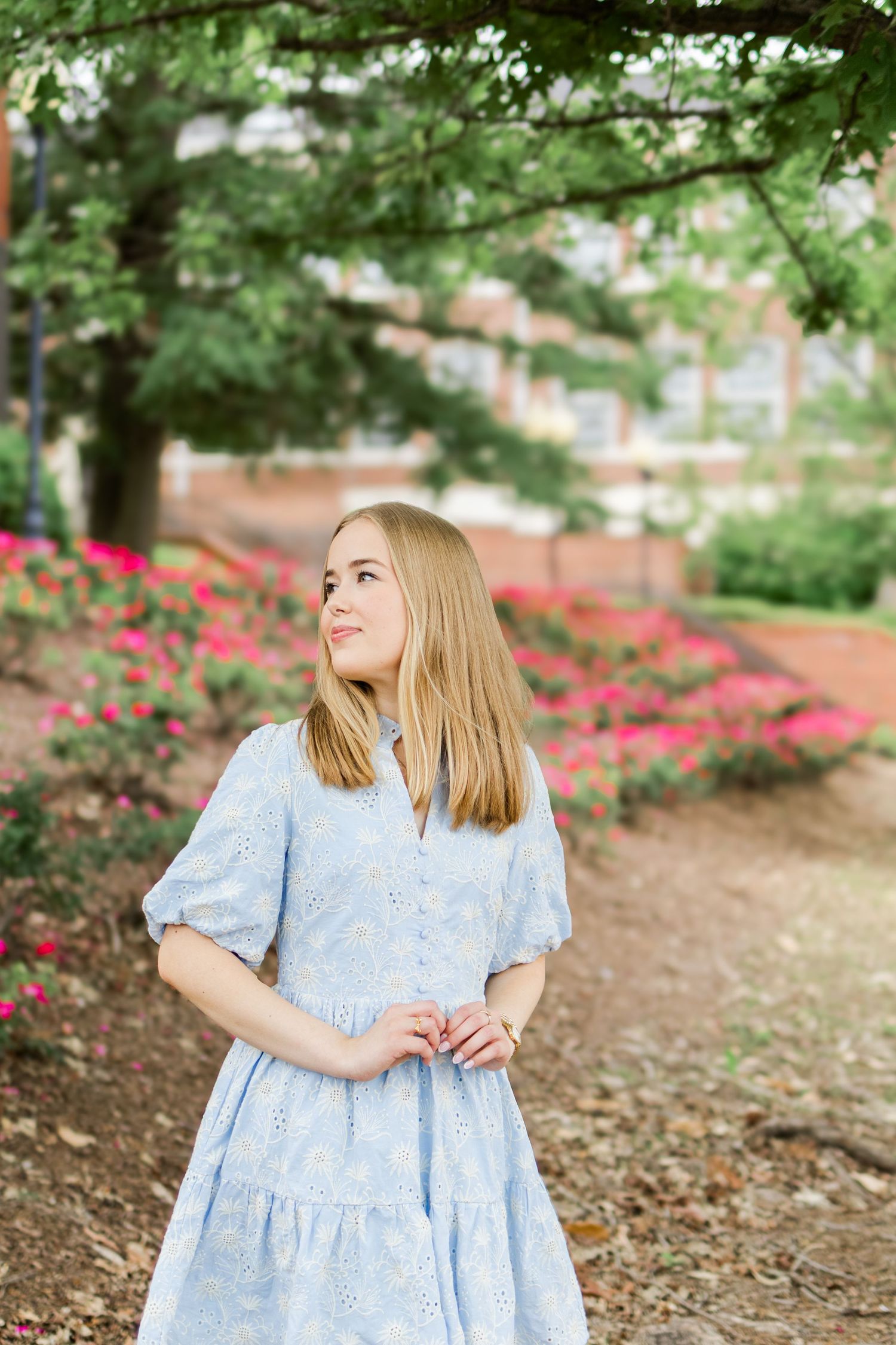 A figure in a light blue floral dress sits thoughtfully on a garden path lined with vibrant pink azalea bushes.
