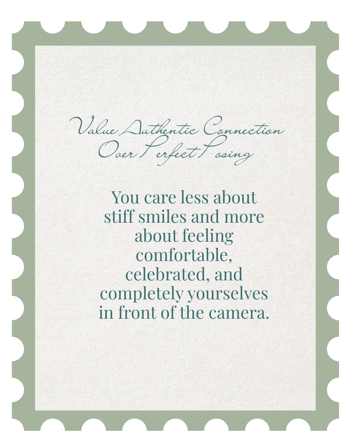 A series of light green stamps arranged horizontally displaying text about being comfortable in front of cameras.