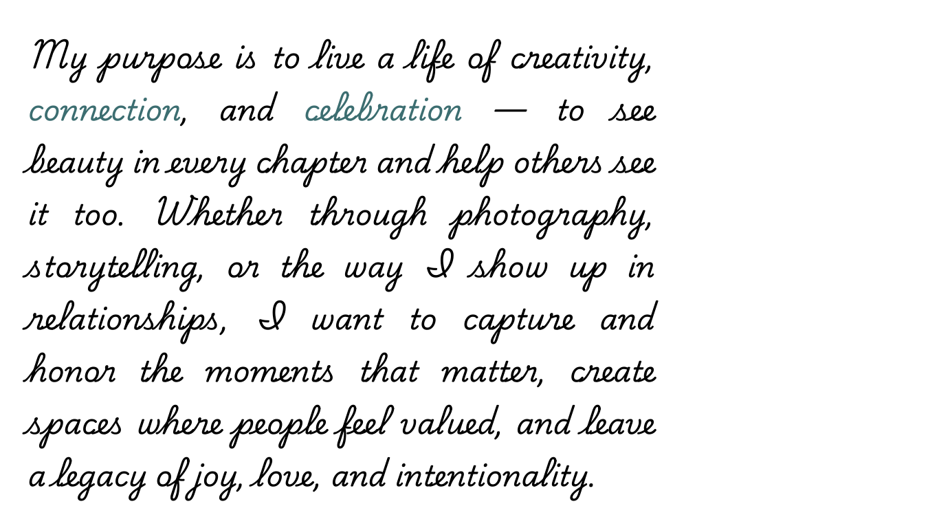 Handwritten quotes about creativity and purpose appear in black text against a white background.