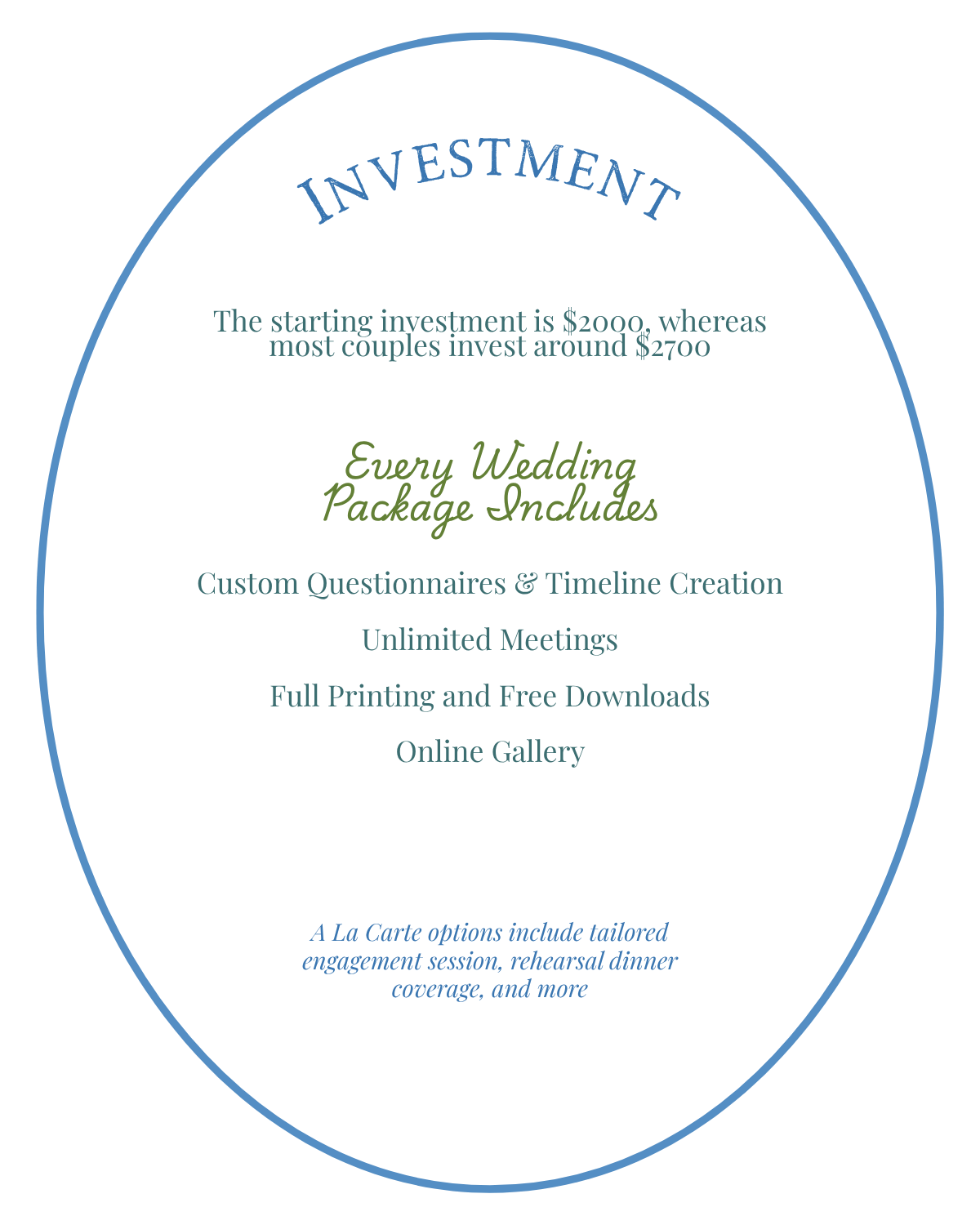 Wedding photography investment guide showing packages starting at $2000, including custom timelines, unlimited meetings, and online gallery.