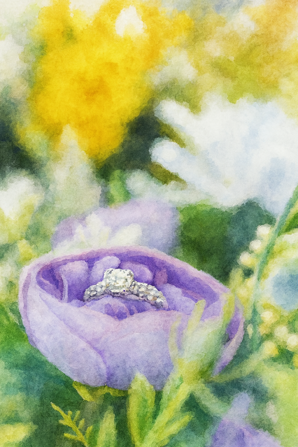Diamond engagement ring sits nestled in a purple flower bloom with yellow daffodils and white daisies in soft focus background.