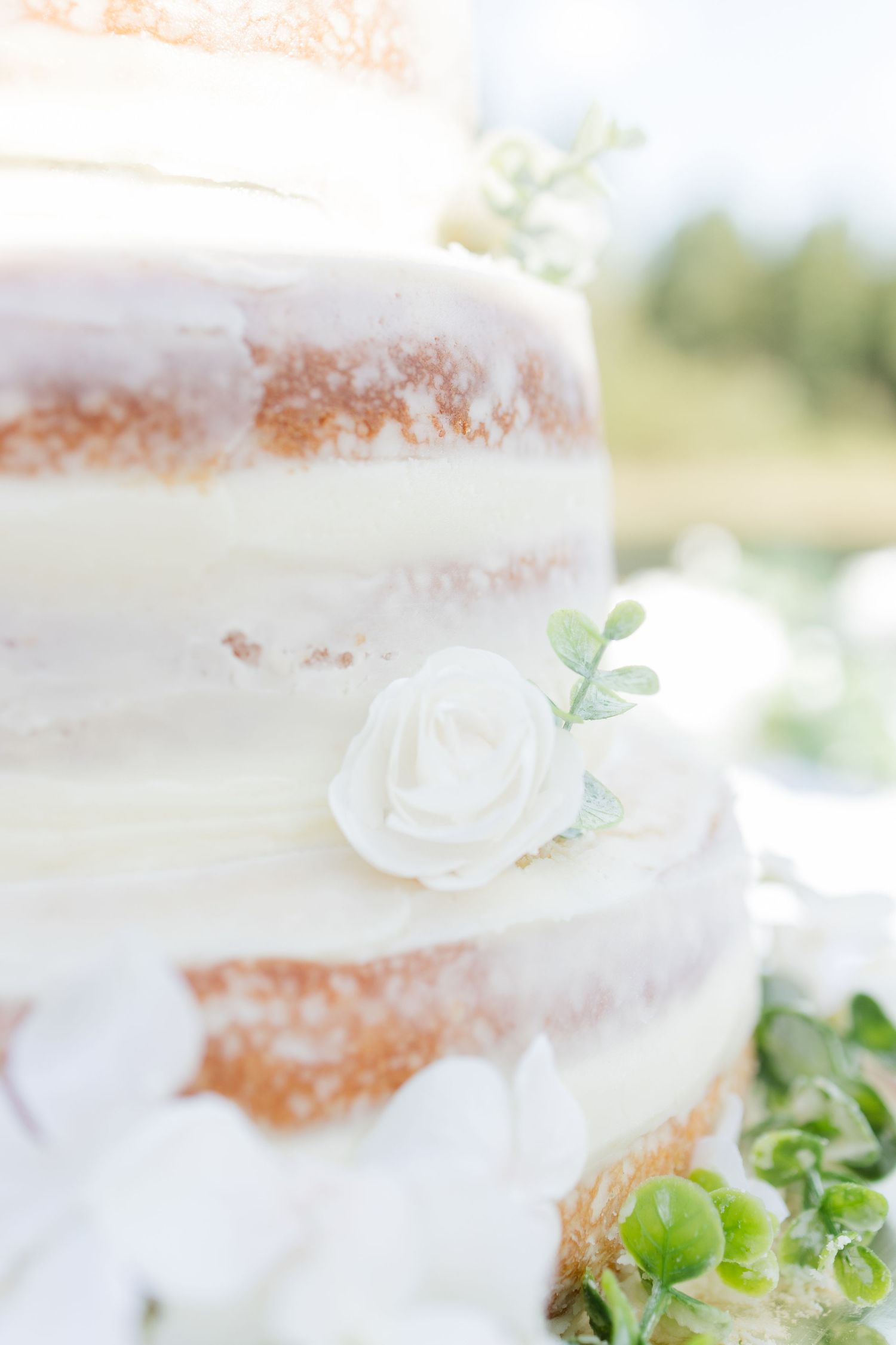 Close up view of a white frosted naked cake decorated with fresh greenery and white roses.