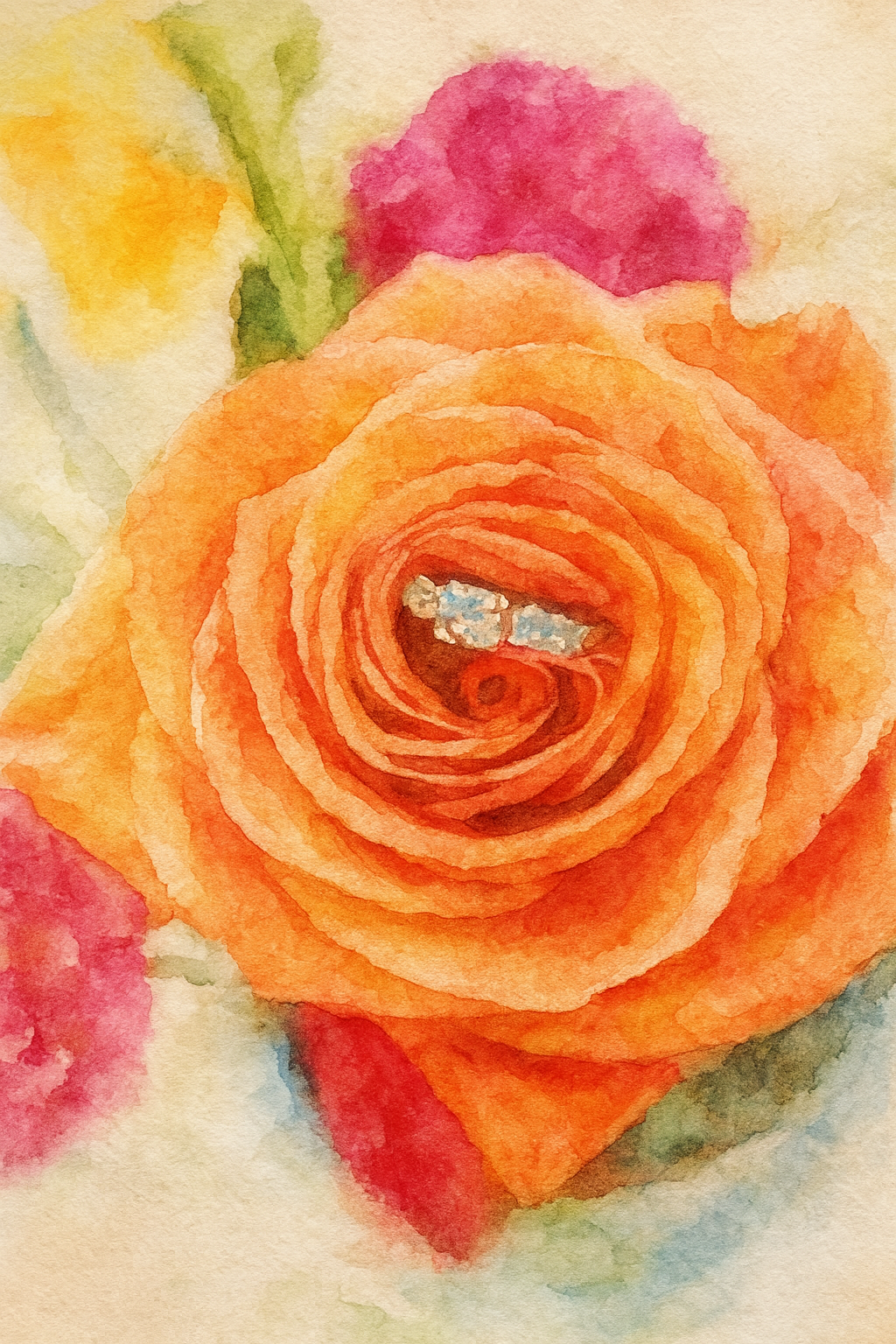 A sequence of watercolor paintings showing an orange rose bloom progressively opening from bud to full flower.