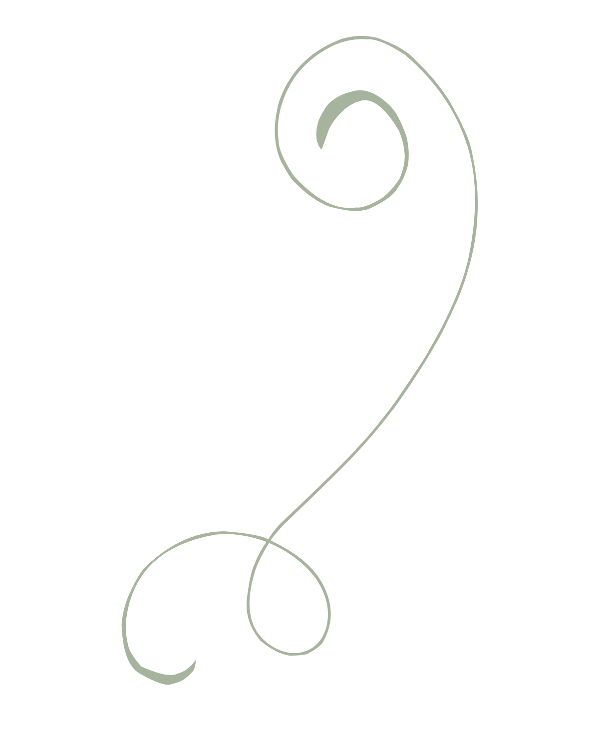 A minimalist curved green line drawing resembling a decorative scroll or question mark symbol.