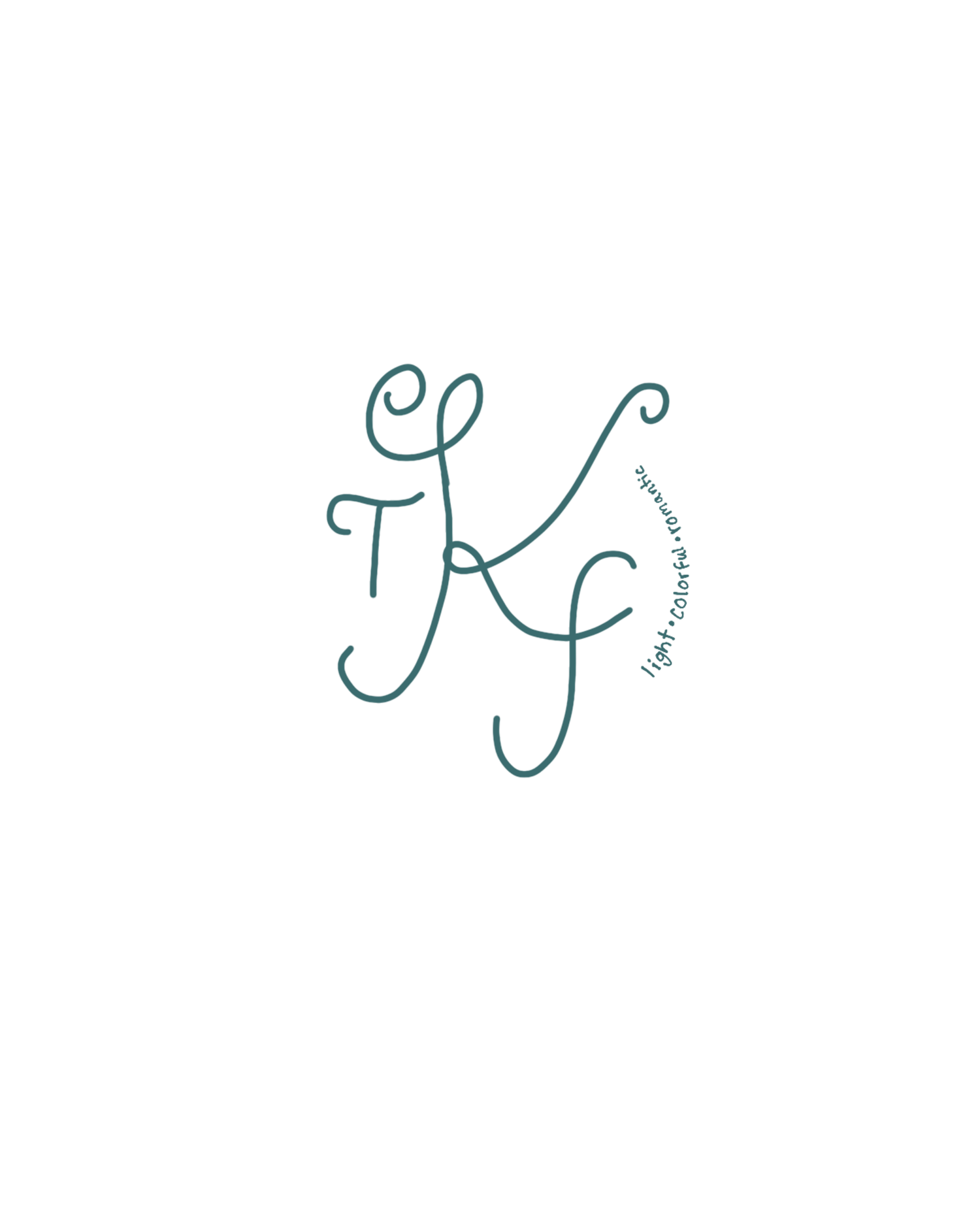 A minimalist teal monogram logo design featuring intertwined cursive letters T, K, and F in a flowing artistic style.