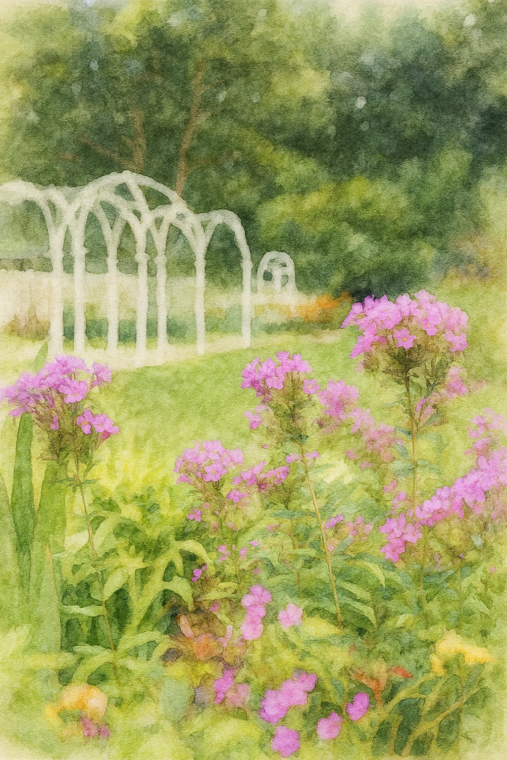 Pink phlox flowers bloom against a soft white garden fence in a dreamy watercolor-style summer scene.