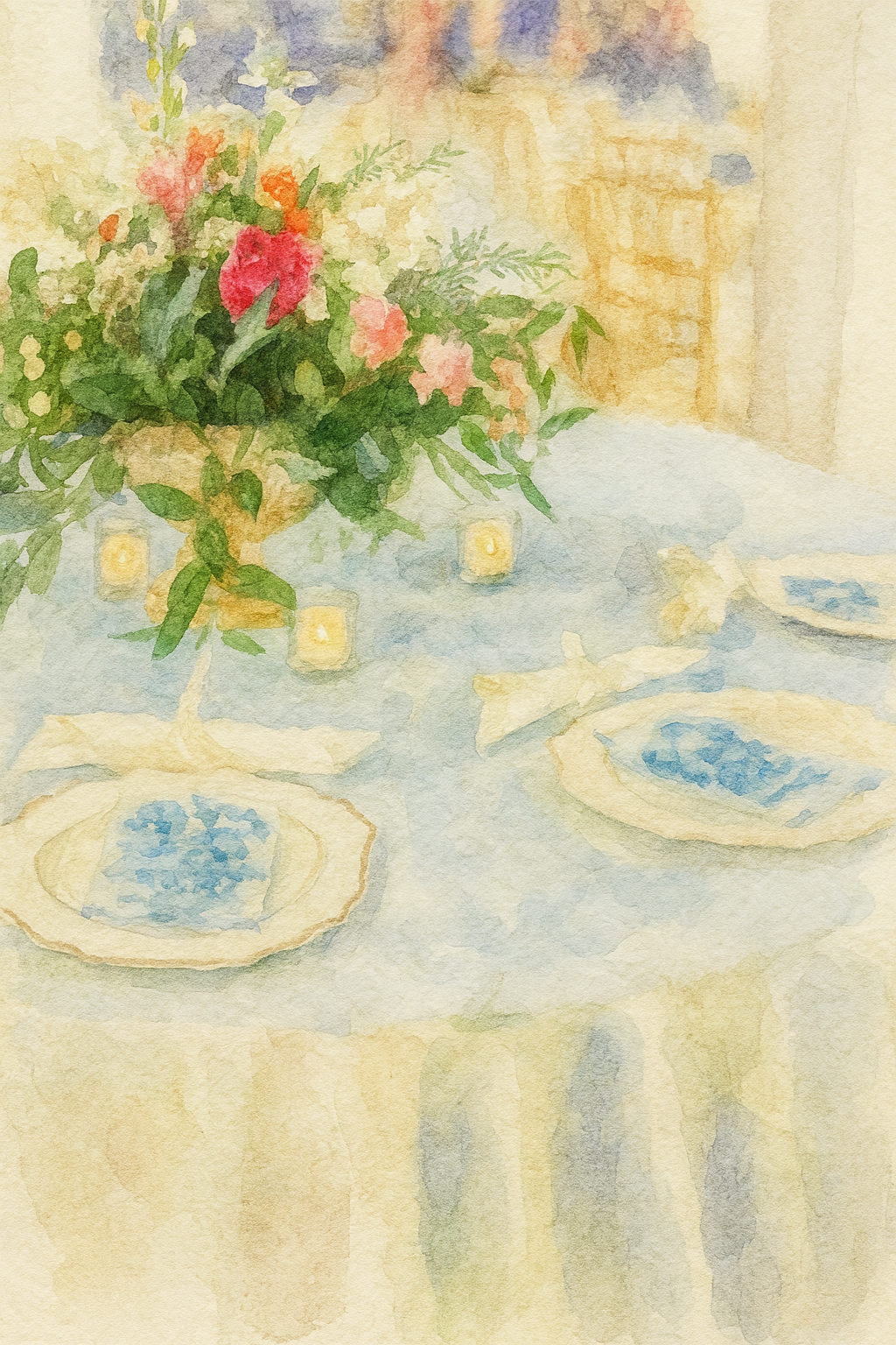 Delicate watercolor painting of a table setting with blue plates and pink floral centerpieces fading into a soft yellow background.
