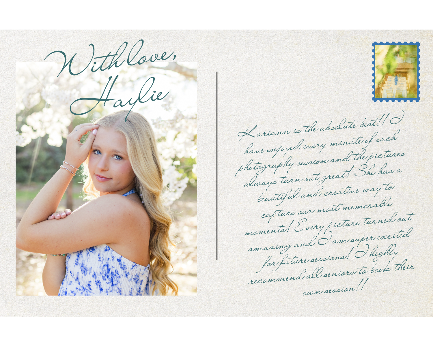 A delicate handwriting sample in blue ink shows elegant cursive letters on white paper with stamps visible in the corner.
