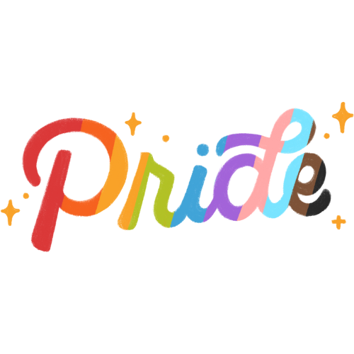 Colorful rainbow pride text with sparkle effects on white background.