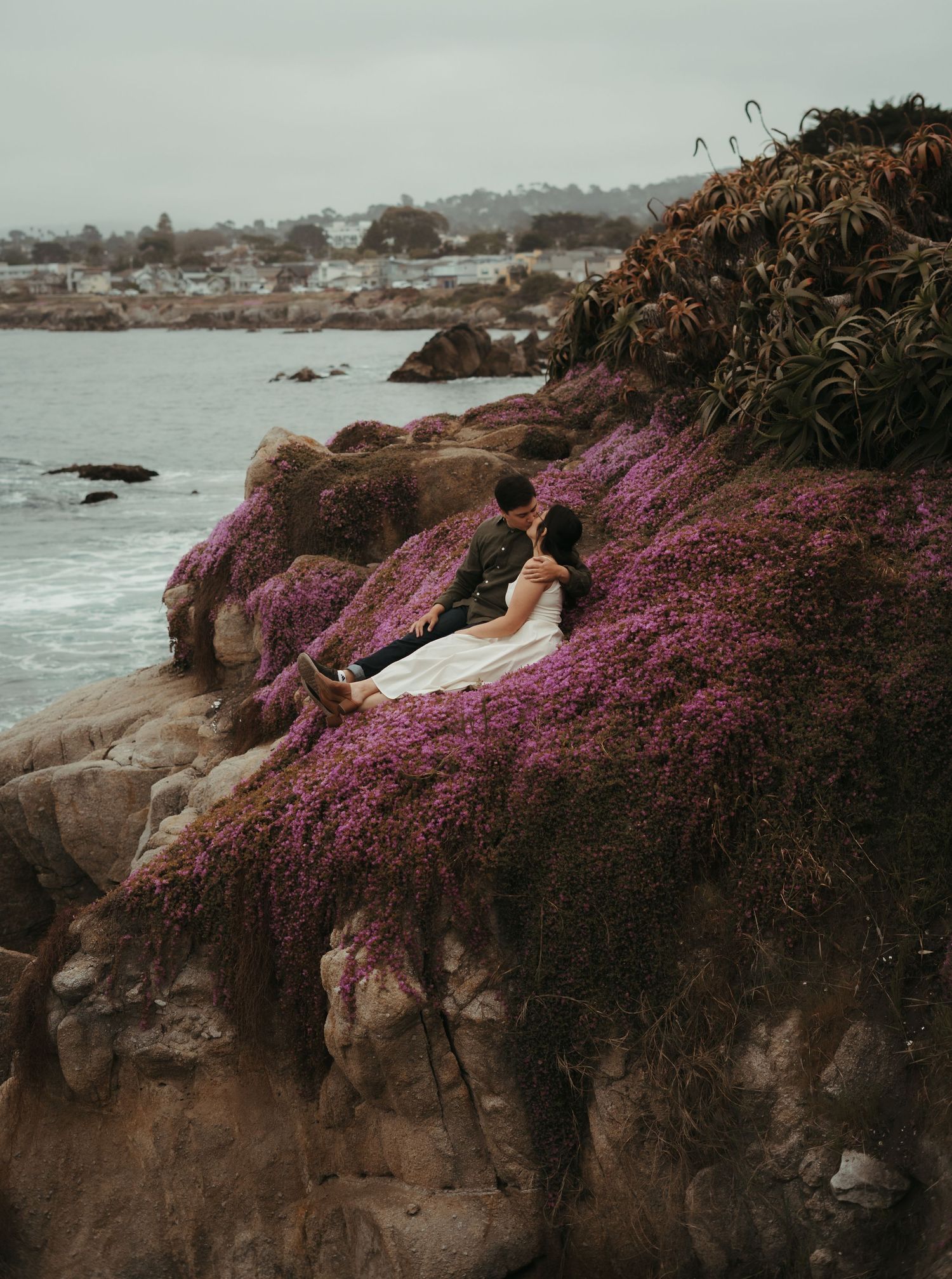 A picturesque coastal scene with vibrant purple ice plant flowers cascading over rocky cliffs along the ocean shore.