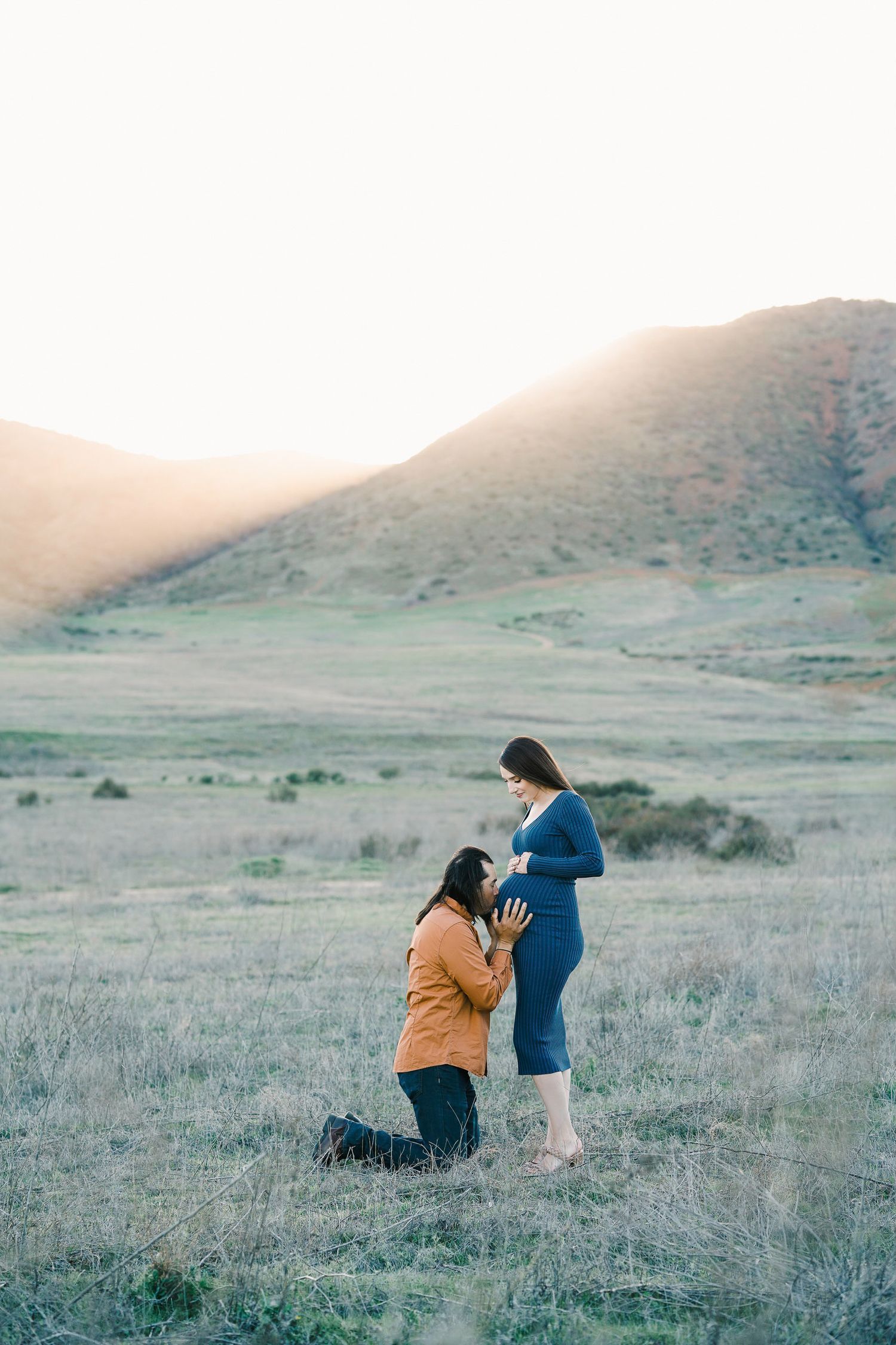 Marriage proposal in a scenic mountain meadow during golden hour.