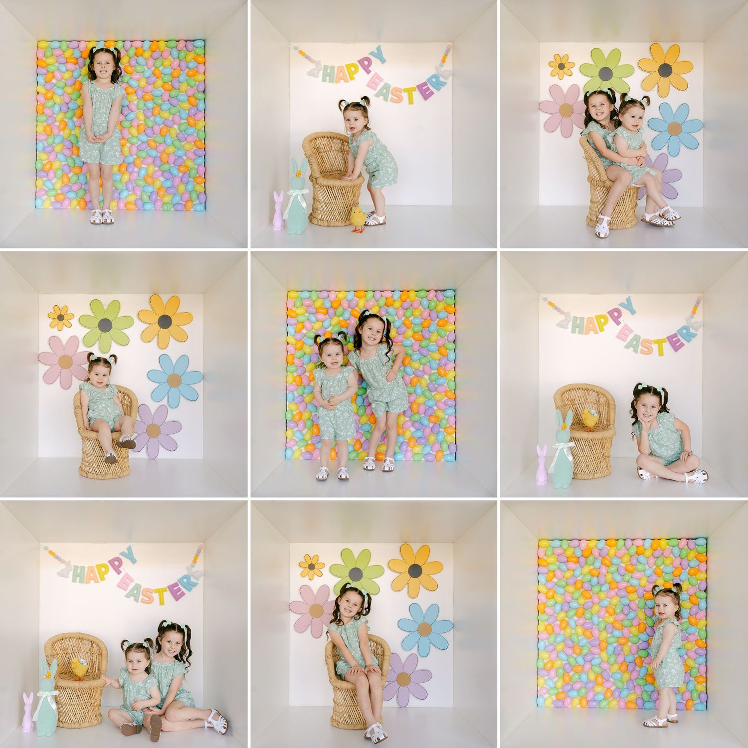 A collection of nine photo booth style portraits with playful floral backdrops, colorful banners and springtime decorations.