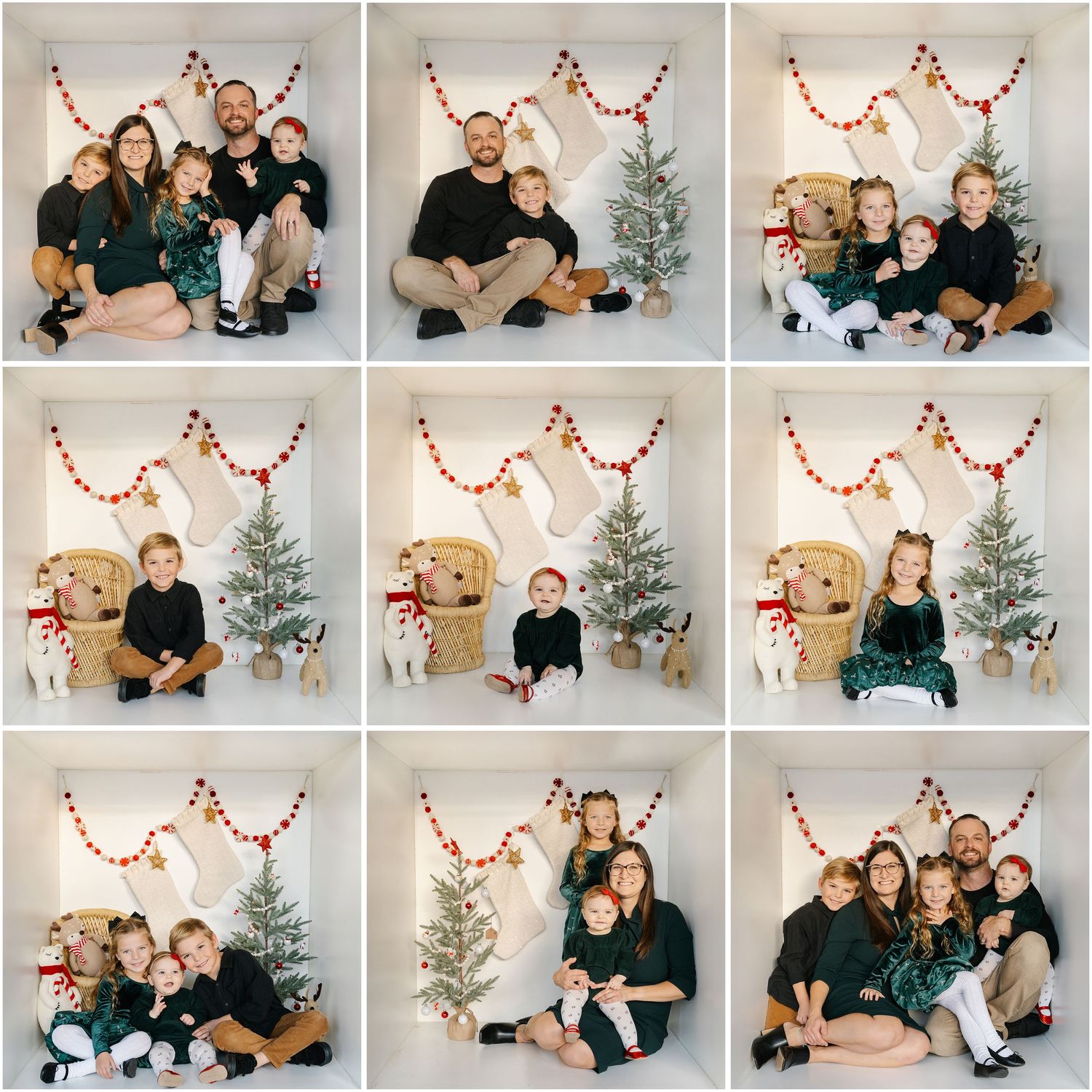 A festive holiday photo collage featuring families posing with Christmas trees and decorations against a white backdrop.