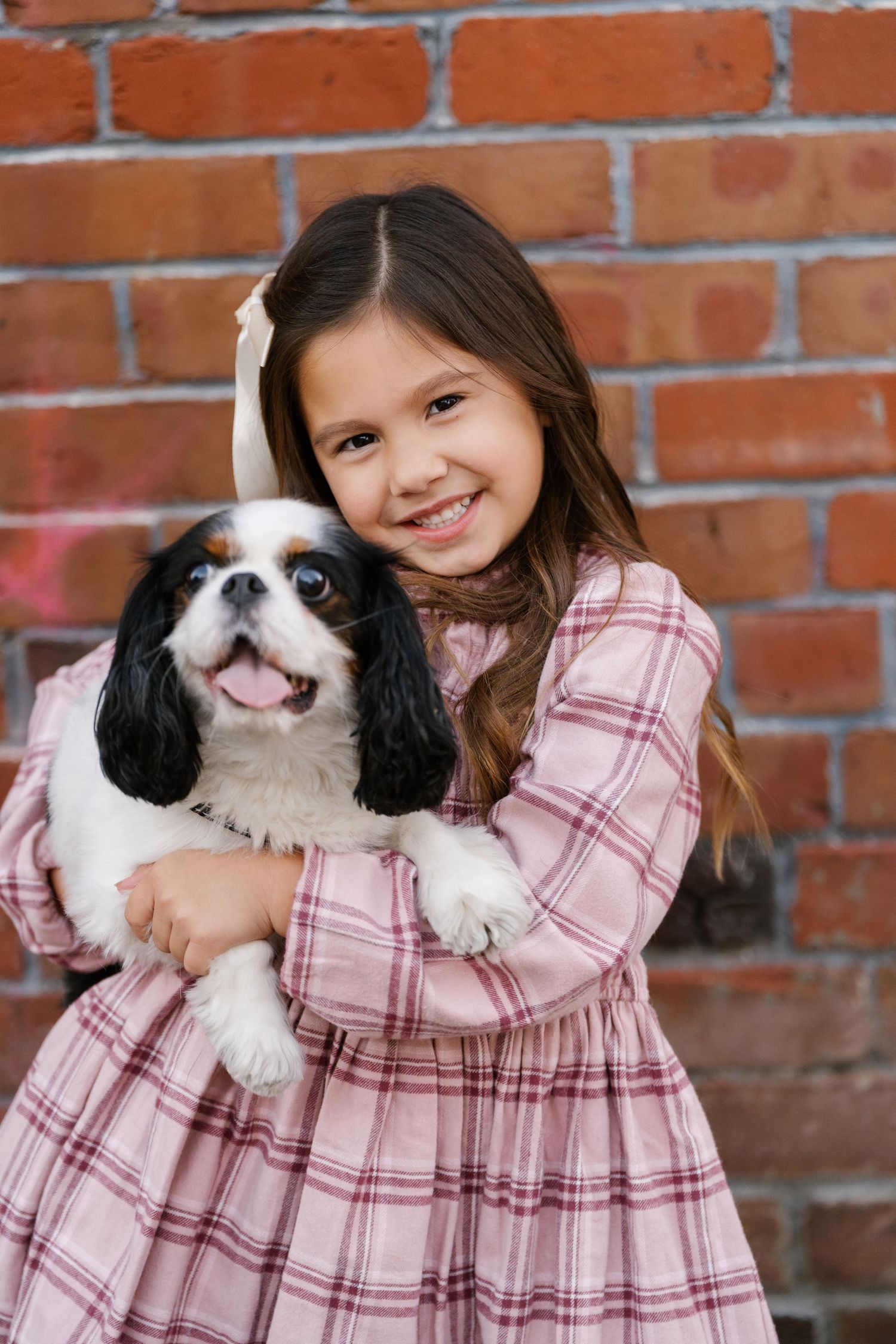 Child in pink plaid dress hugging a black and white Cavalier King Charles Spaniel dog.