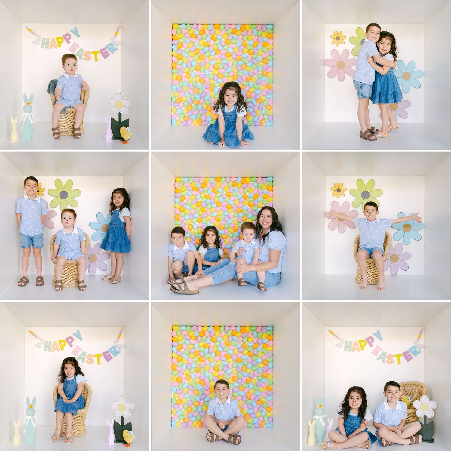 Nine photo collage with spring decorations featuring floral backdrops, Easter themed props and coordinated blue and white outfits.