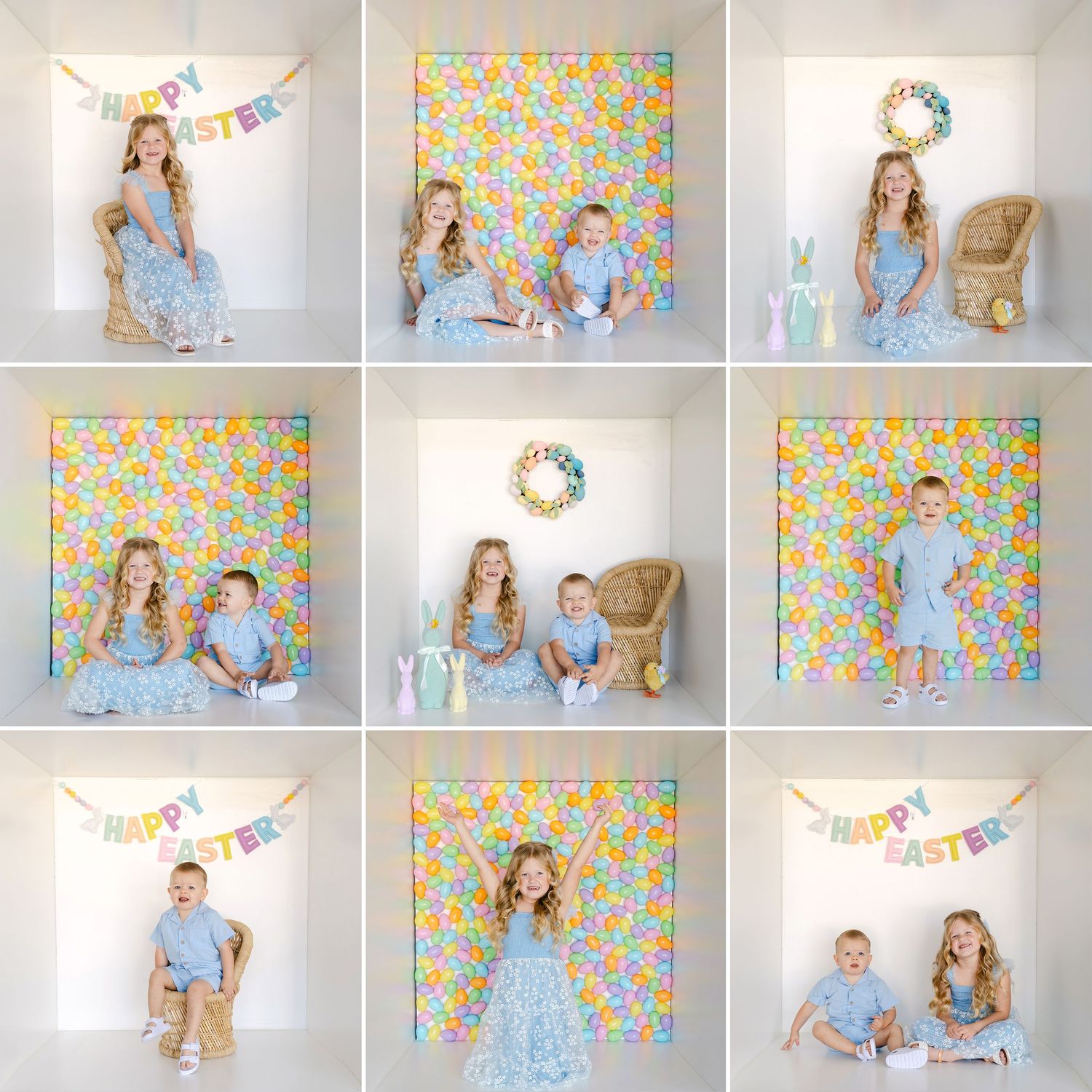 Easter photo session with floral backdrop featuring spring dresses, bunny decorations and pastel blue outfits in a studio setting.