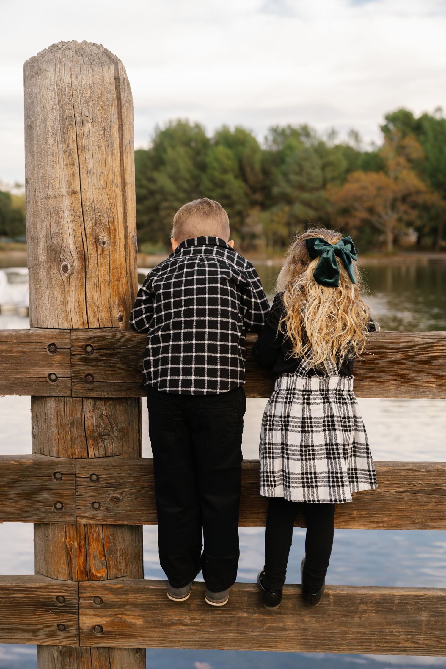 Two children in plaid outfits looking over wooden railing at a lake.