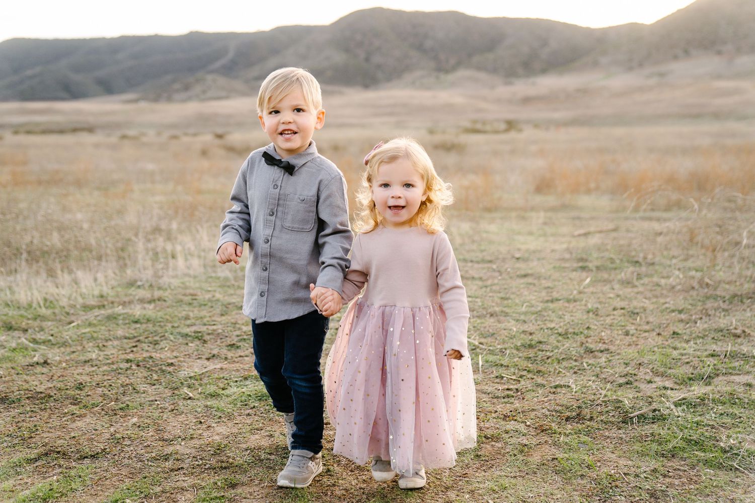 Two young children holding hands in a scenic field with rolling hills, boy in gray outfit and girl in pink dress.