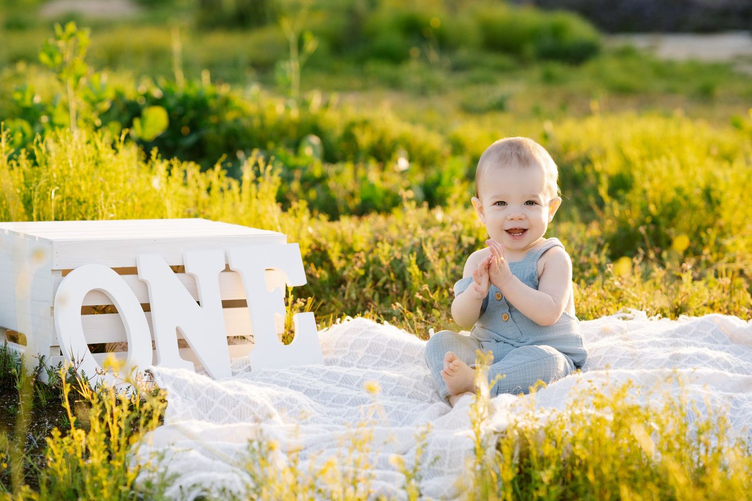 Joyful scene in a golden meadow with white blanket and wildflowers during sunset.