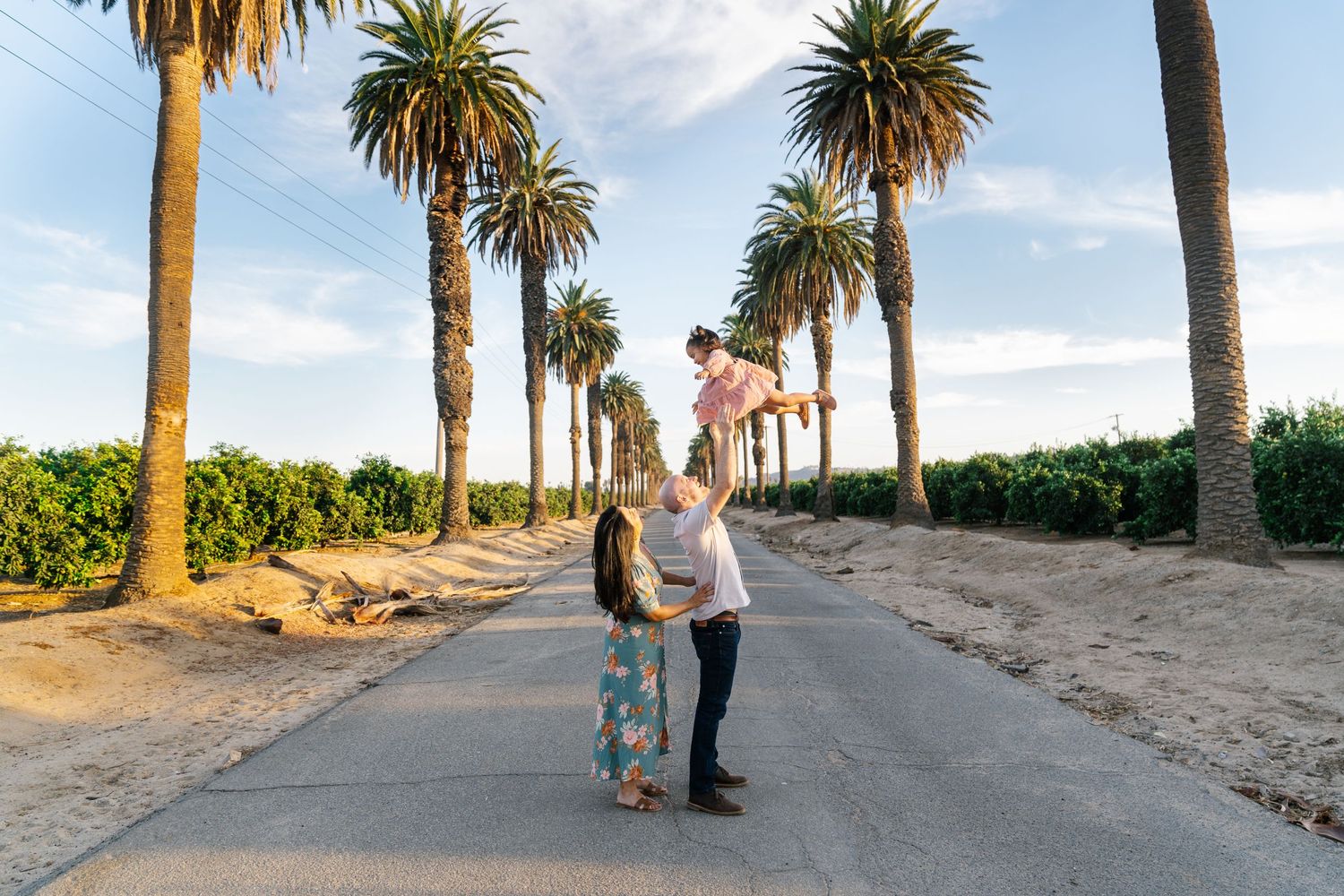 Walk along a palm tree-lined road during a beautiful California sunset.