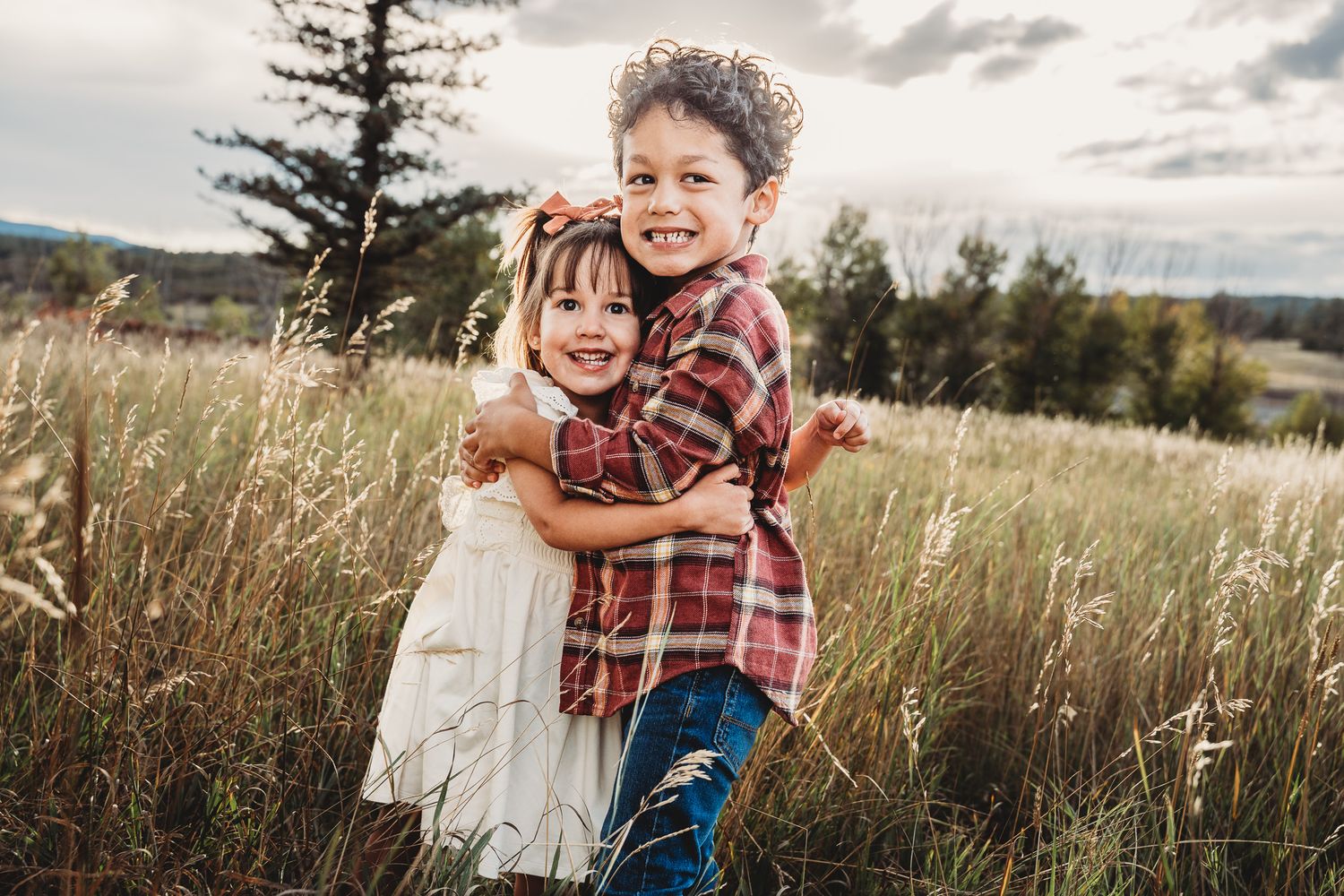 A series of outdoor family photos taken in a golden wheat field during sunset with rustic natural lighting.