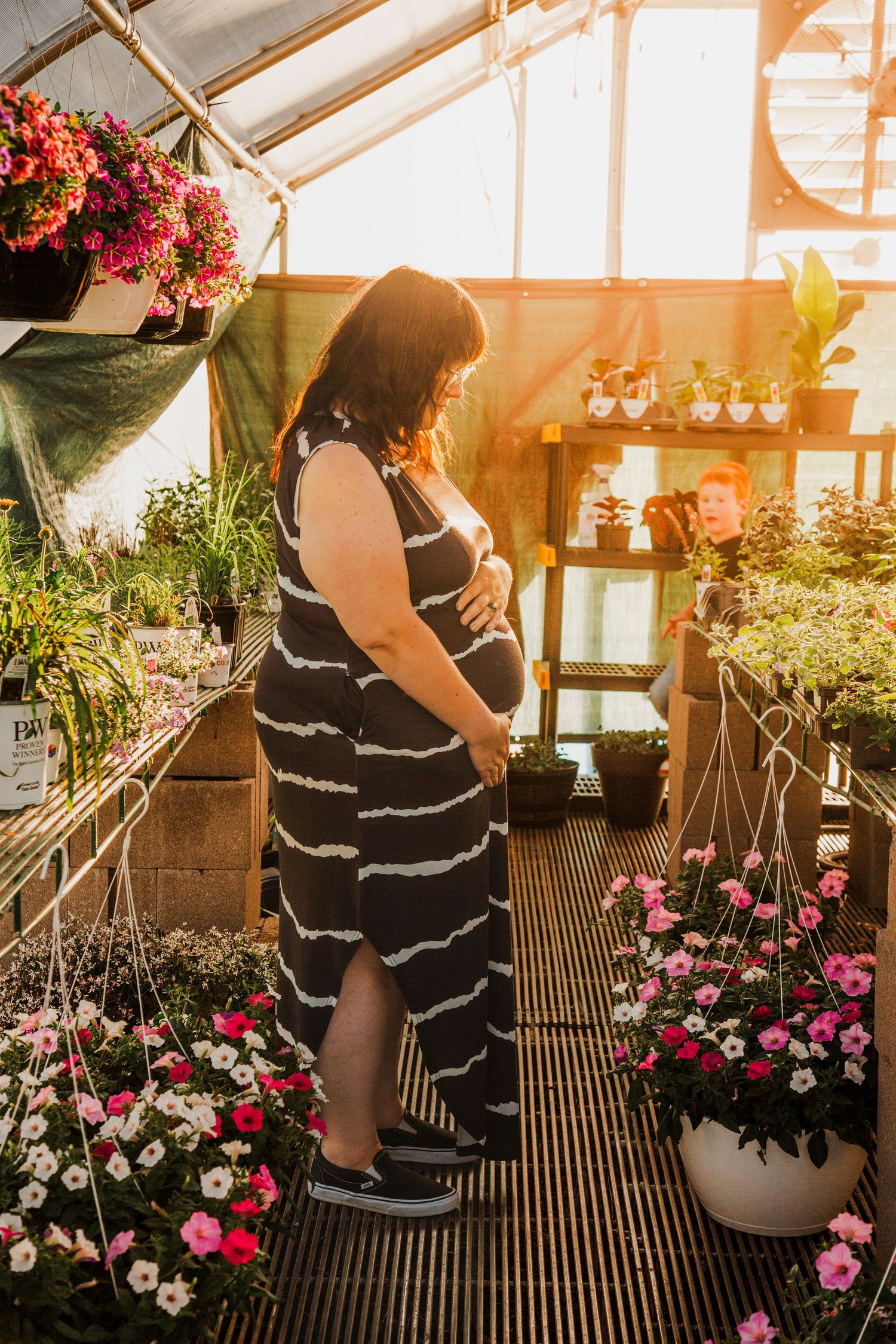 A striped dress in a greenhouse filled with colorful flowers and potted plants, bathed in warm golden sunlight.