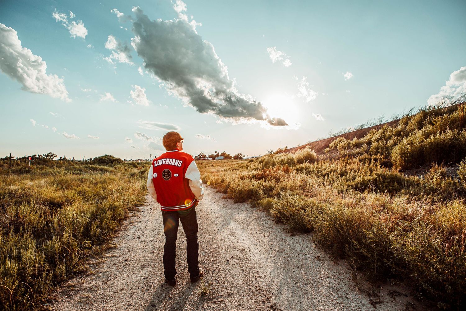 A person in a red jacket stands on a dirt path through golden grassland under a bright blue sky with clouds.