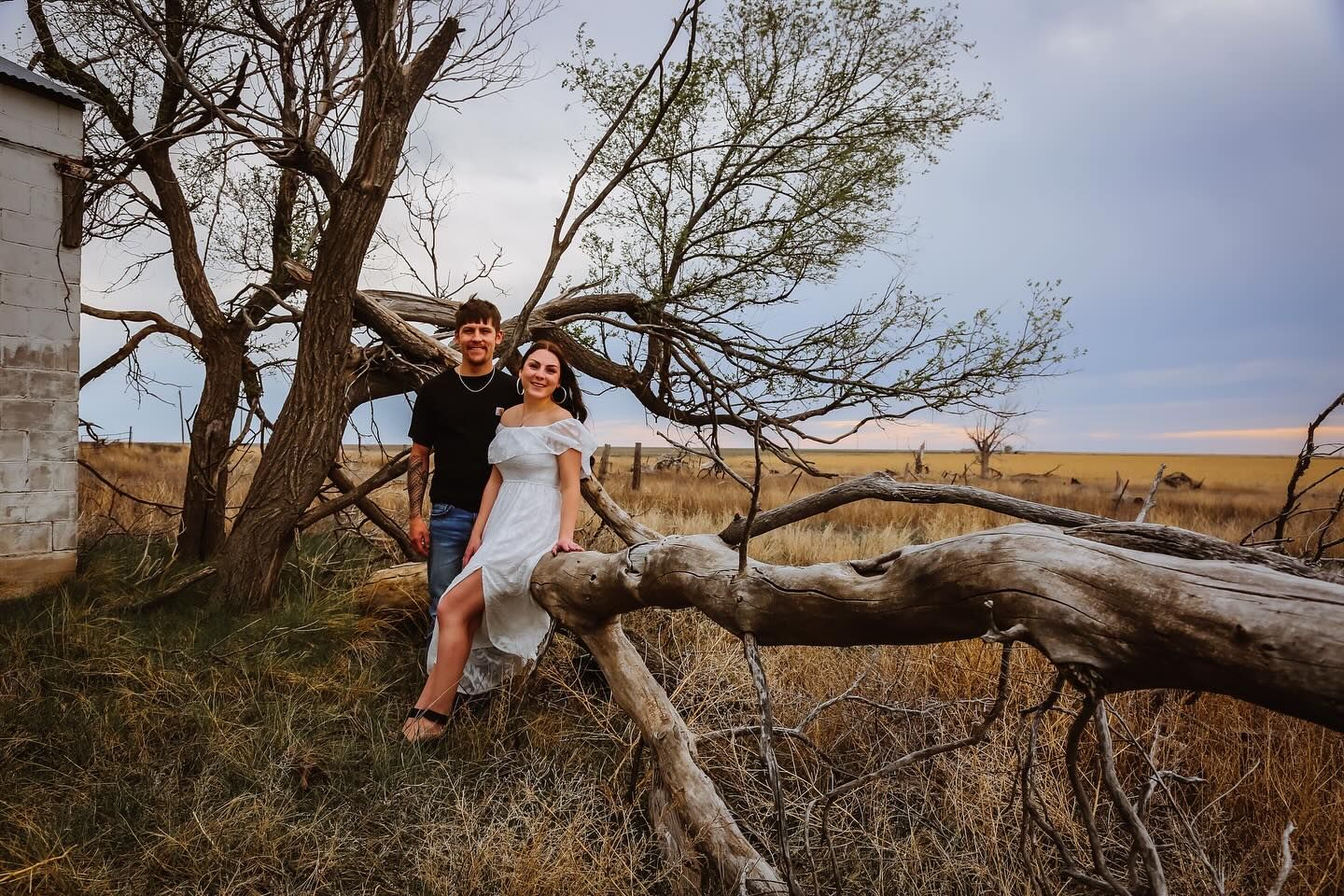 Couple in formal wear posing on fallen tree trunk in rural setting.