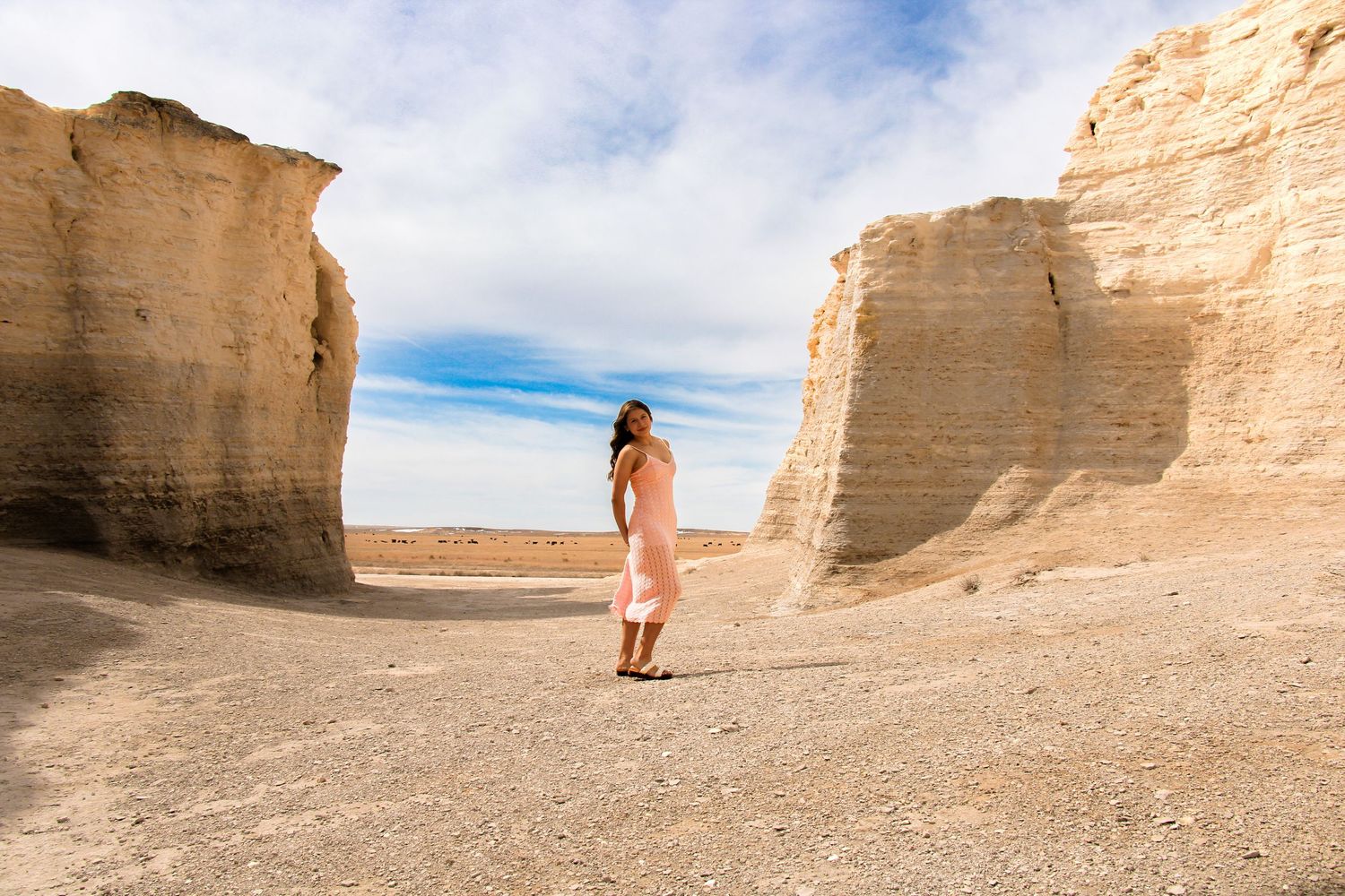 A person walks between towering limestone cliffs in a desert landscape under blue skies.