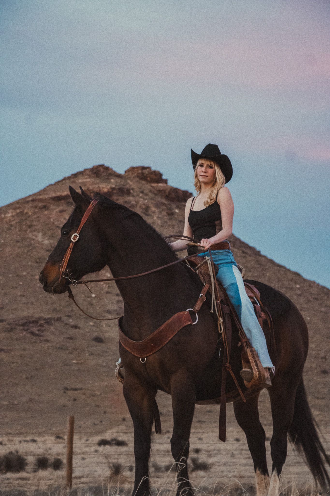 A rider in western attire sits atop a dark brown horse against a mountainous desert landscape at dusk.