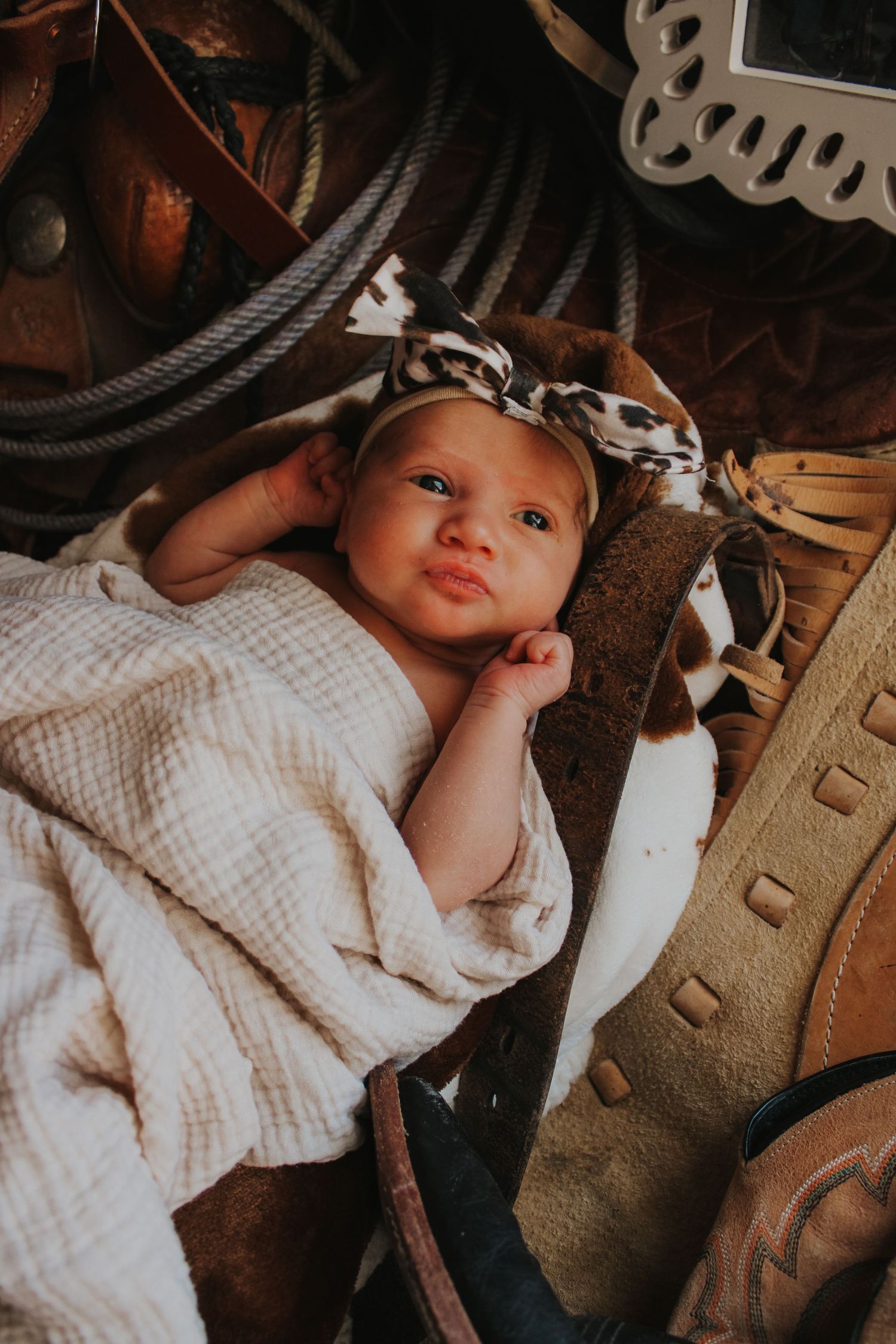 A baby wrapped in a white muslin blanket rests among western-style leather horse tack and roping equipment.
