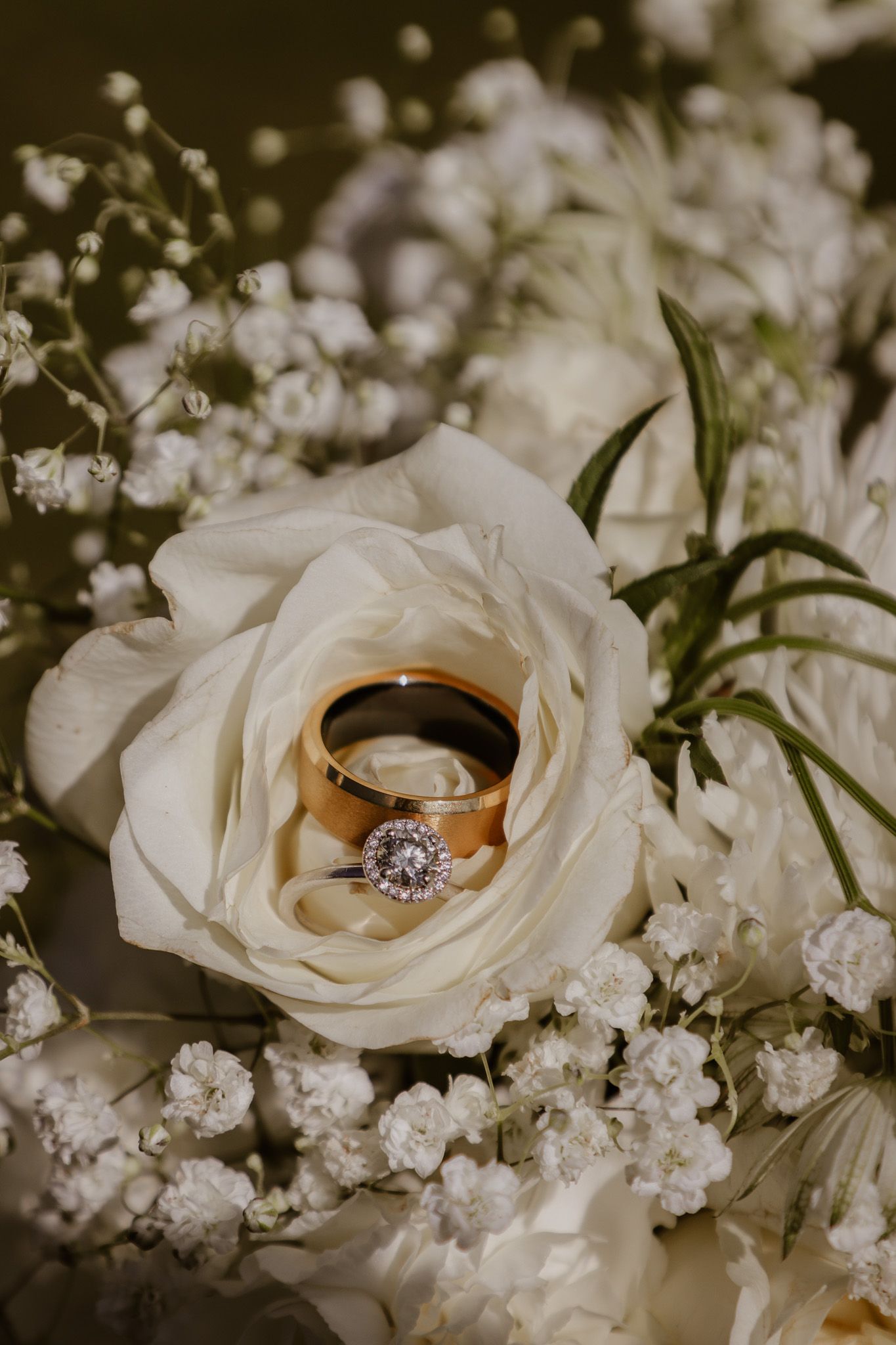 Wedding rings nestled inside delicate white roses and baby's breath flowers in an elegant detail shot.