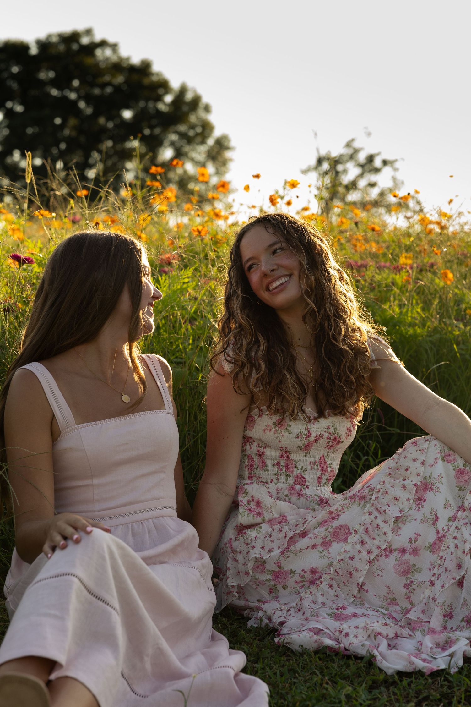 Two friends laugh together while sitting in a blooming wildflower meadow at golden hour.